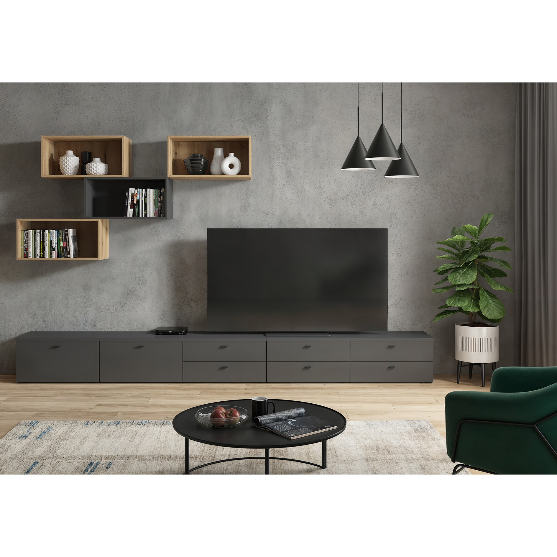11-teiliges Wohnwand-Set - anthrazit - Evoke Eiche