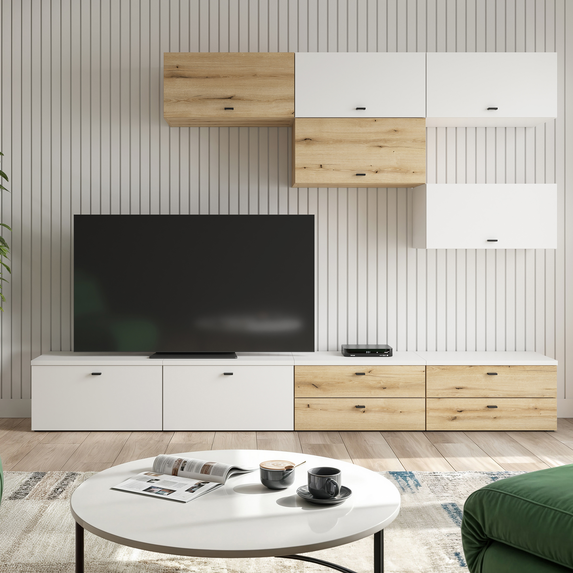 11-teiliges Wohnwand-Set - weiß - Evoke Eiche