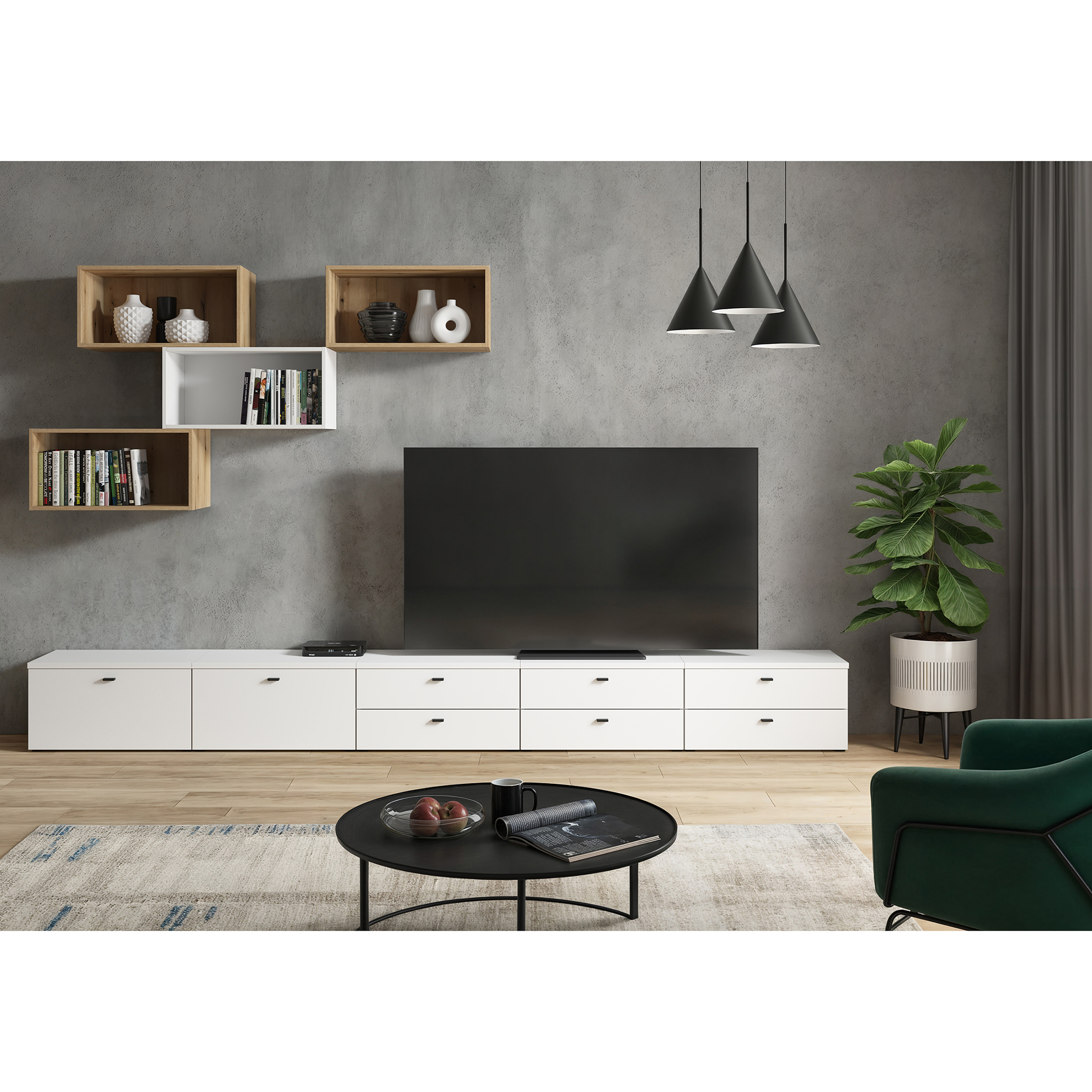 11-teiliges Wohnwand-Set - weiß - Evoke Eiche