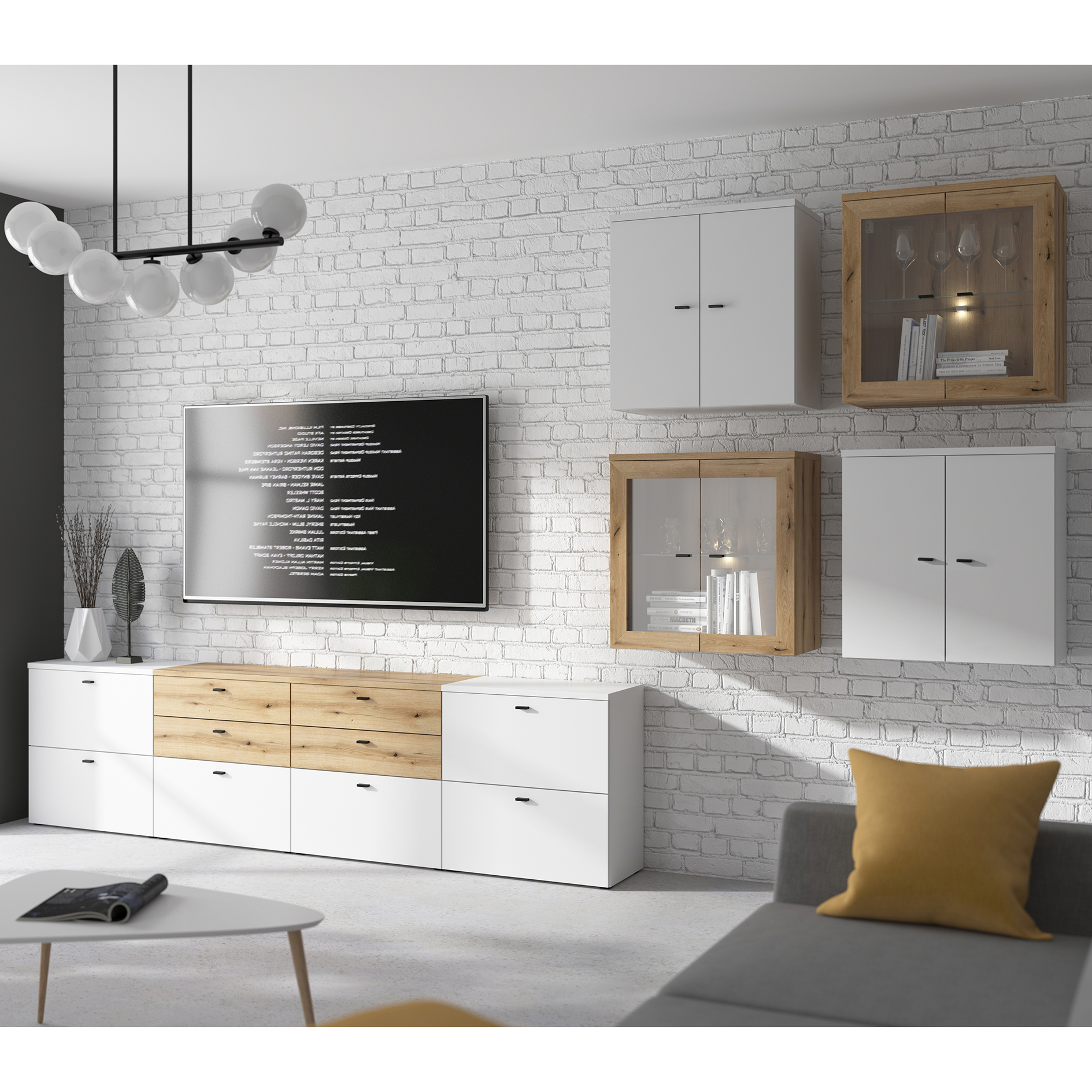19-teiliges Wohnwand-Set - weiß - Evoke Eiche