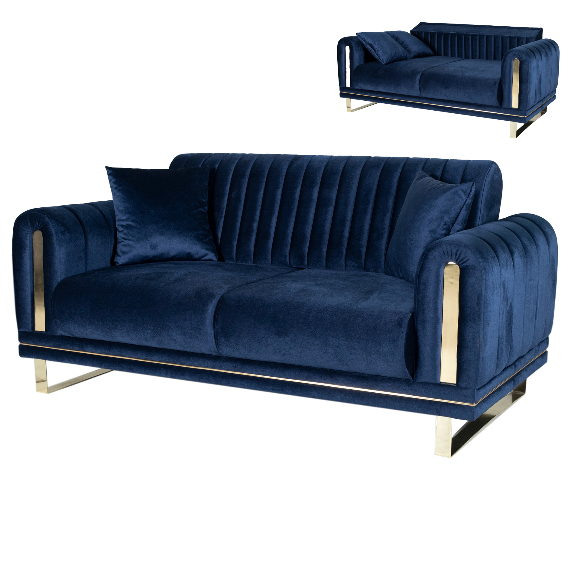 2-Sitzer - marineblau-gold - Mikrofaser - Liegefunktion