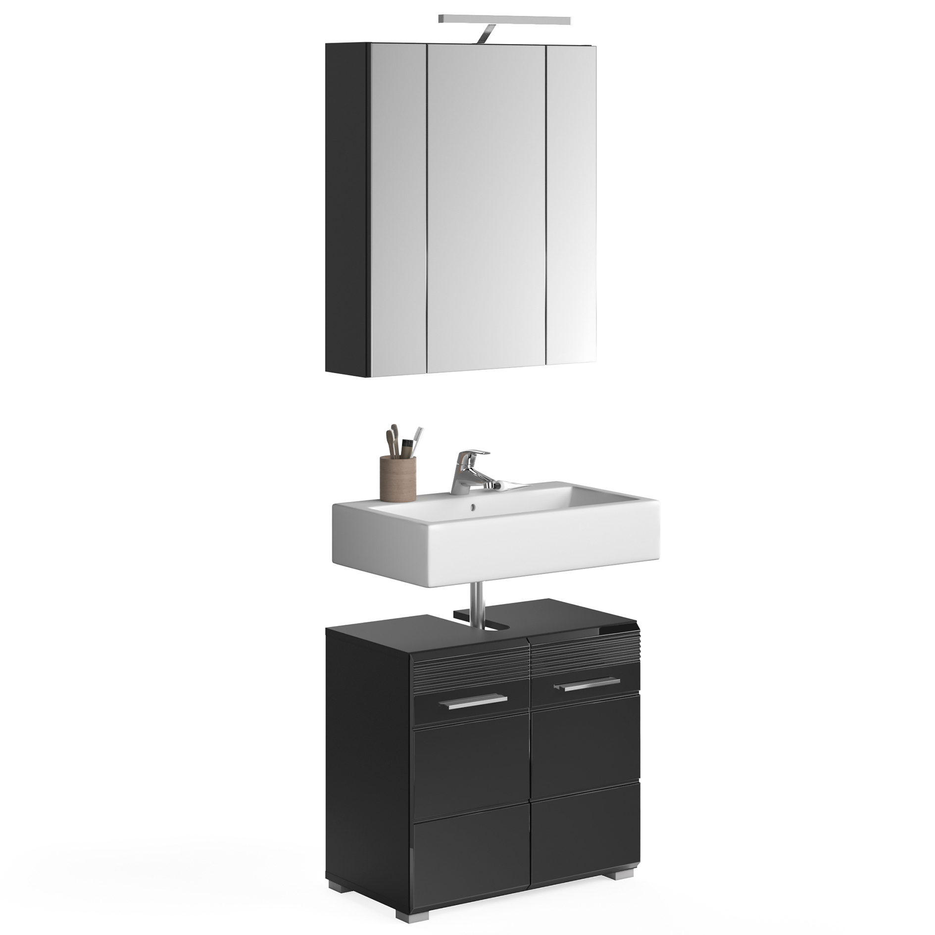 2-teilige Badkombination LINUS - schwarz Hochglanz - LED-Beleuchtung - 60 cm
