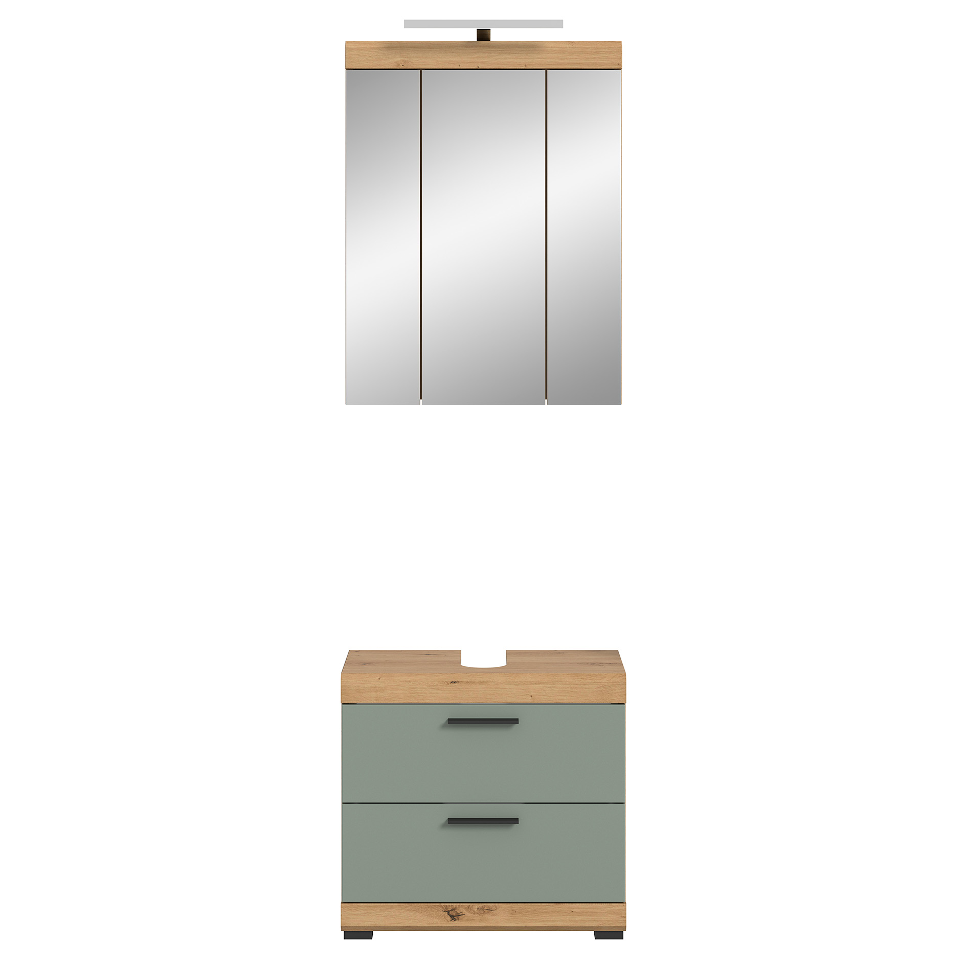 2-teilige Badkombination SCOUT - Salbei - Artisan Eiche - LED-Spiegelschrank - 60 cm