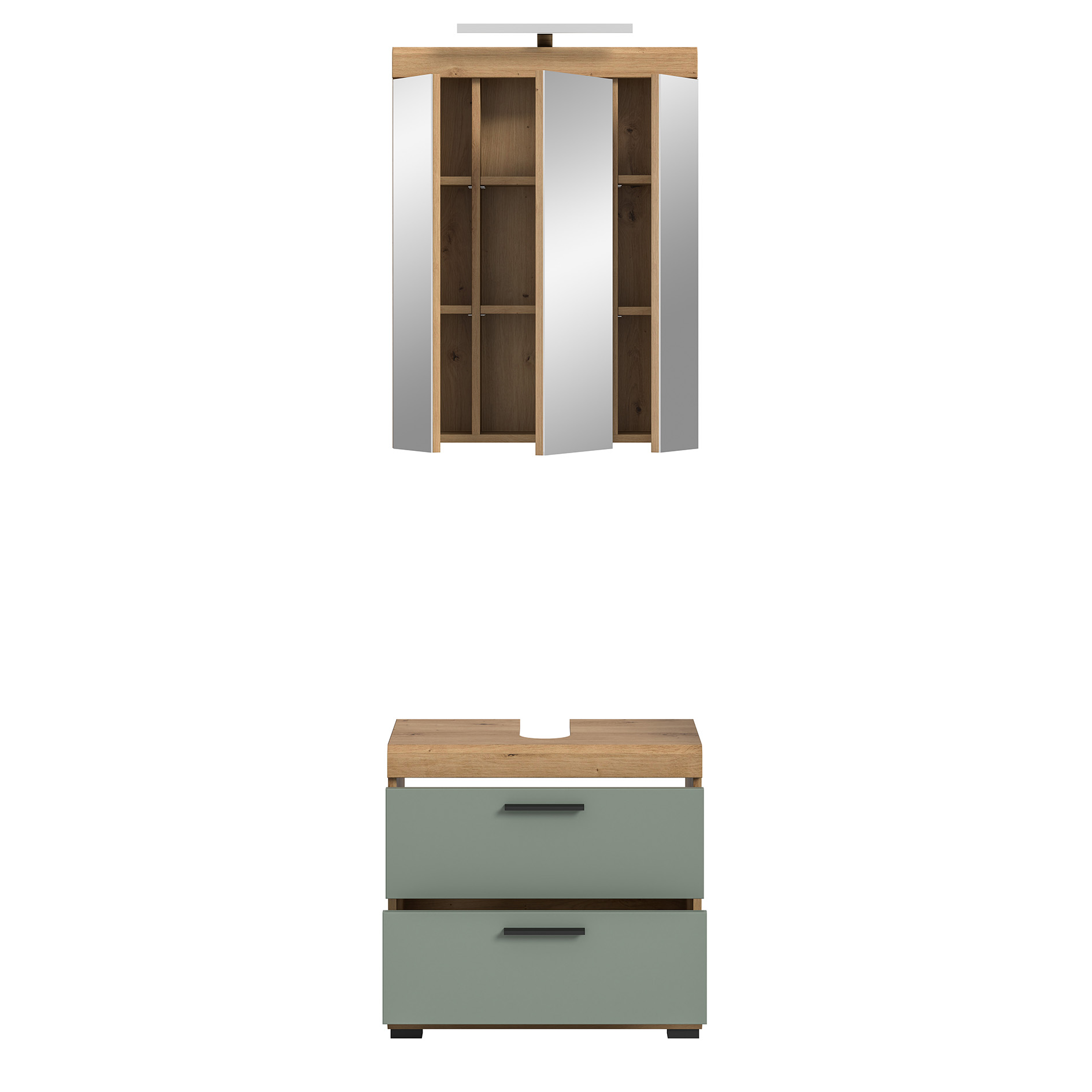 2-teilige Badkombination SCOUT - Salbei - Artisan Eiche - LED-Spiegelschrank - 60 cm