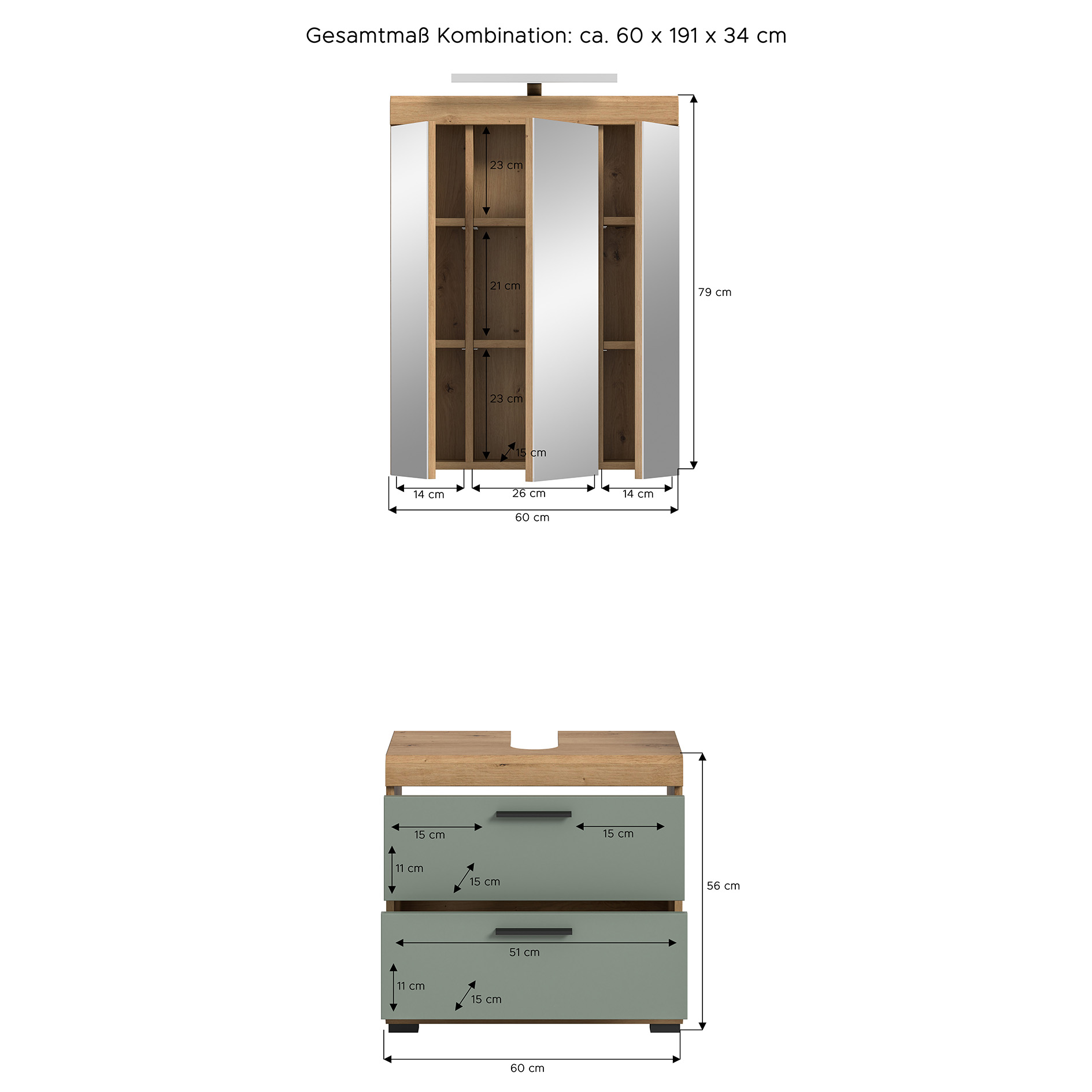 2-teilige Badkombination SCOUT - Salbei - Artisan Eiche - LED-Spiegelschrank - 60 cm