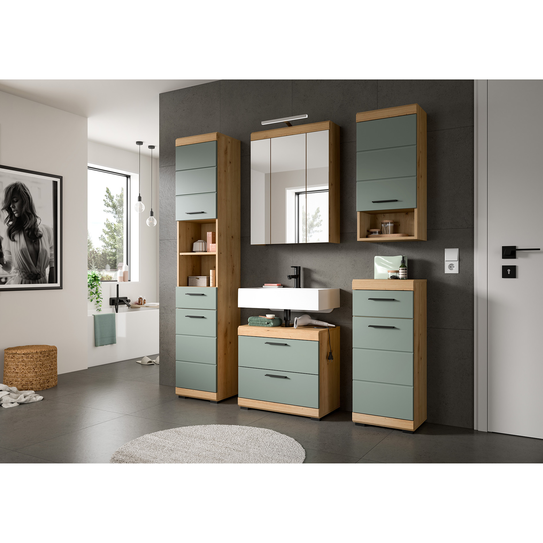 2-teilige Badkombination SCOUT - Salbei - Artisan Eiche - LED-Spiegelschrank - 60 cm