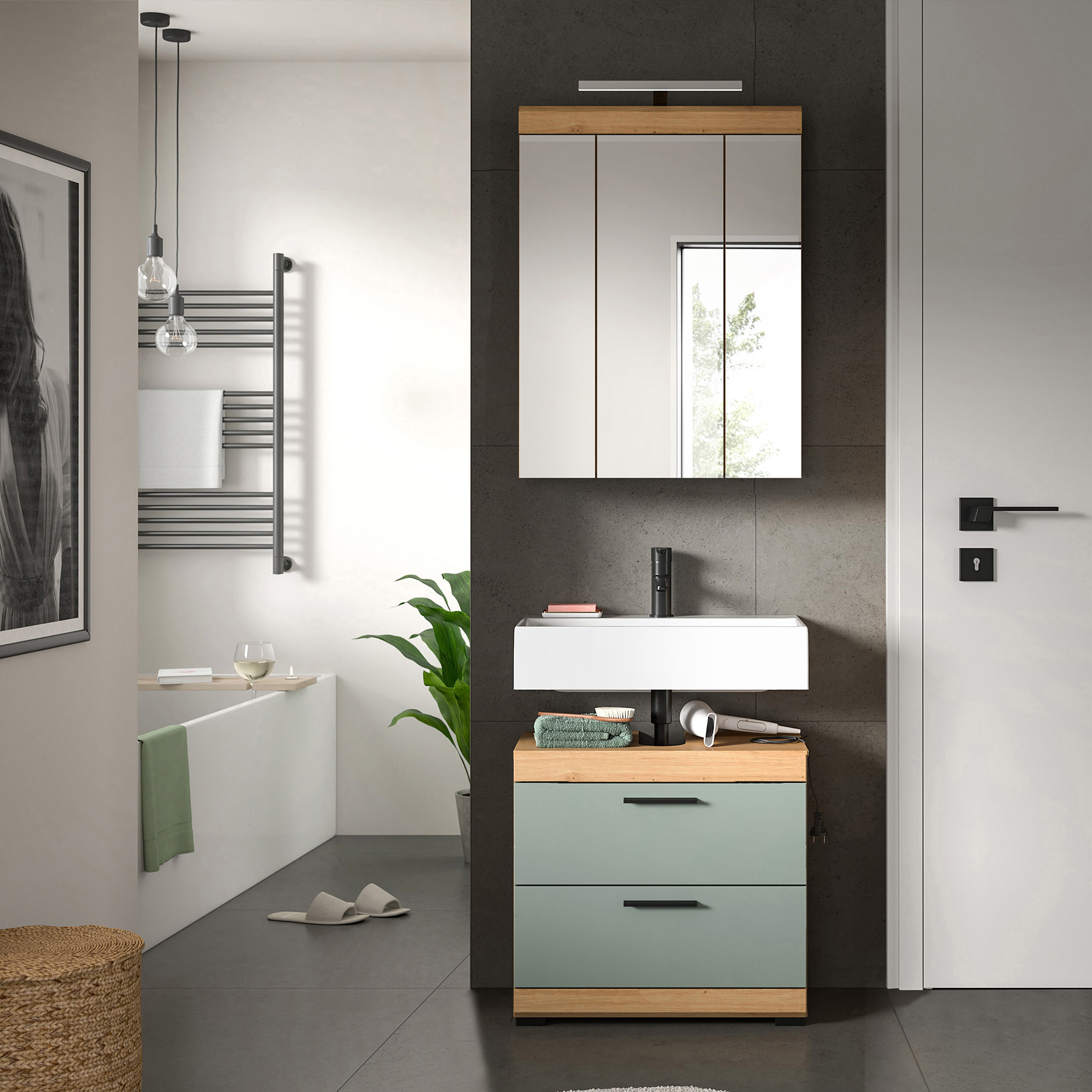 2-teilige Badkombination SCOUT - Salbei - Artisan Eiche - LED-Spiegelschrank - 60 cm