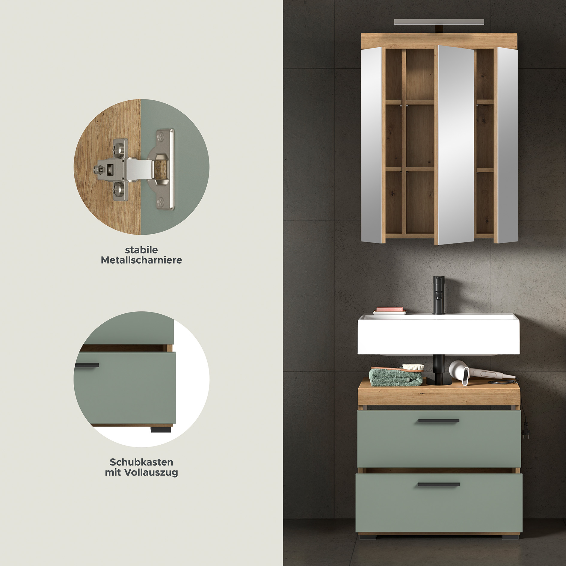 2-teilige Badkombination SCOUT - Salbei - Artisan Eiche - LED-Spiegelschrank - 60 cm