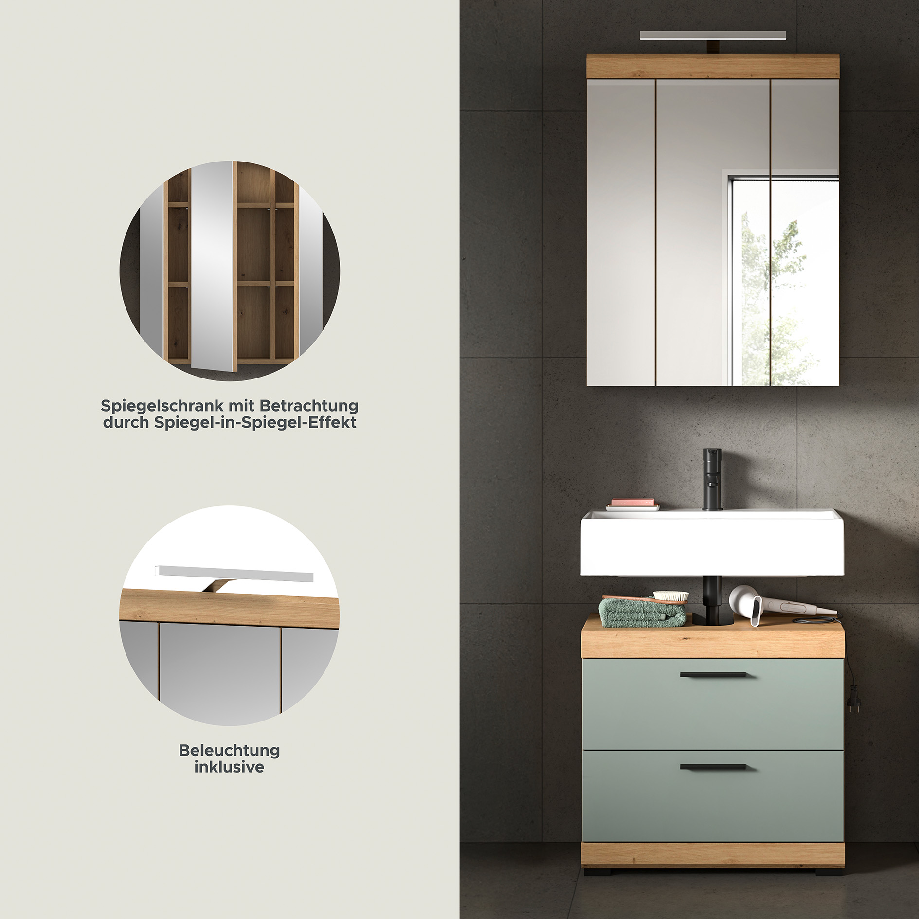2-teilige Badkombination SCOUT - Salbei - Artisan Eiche - LED-Spiegelschrank - 60 cm