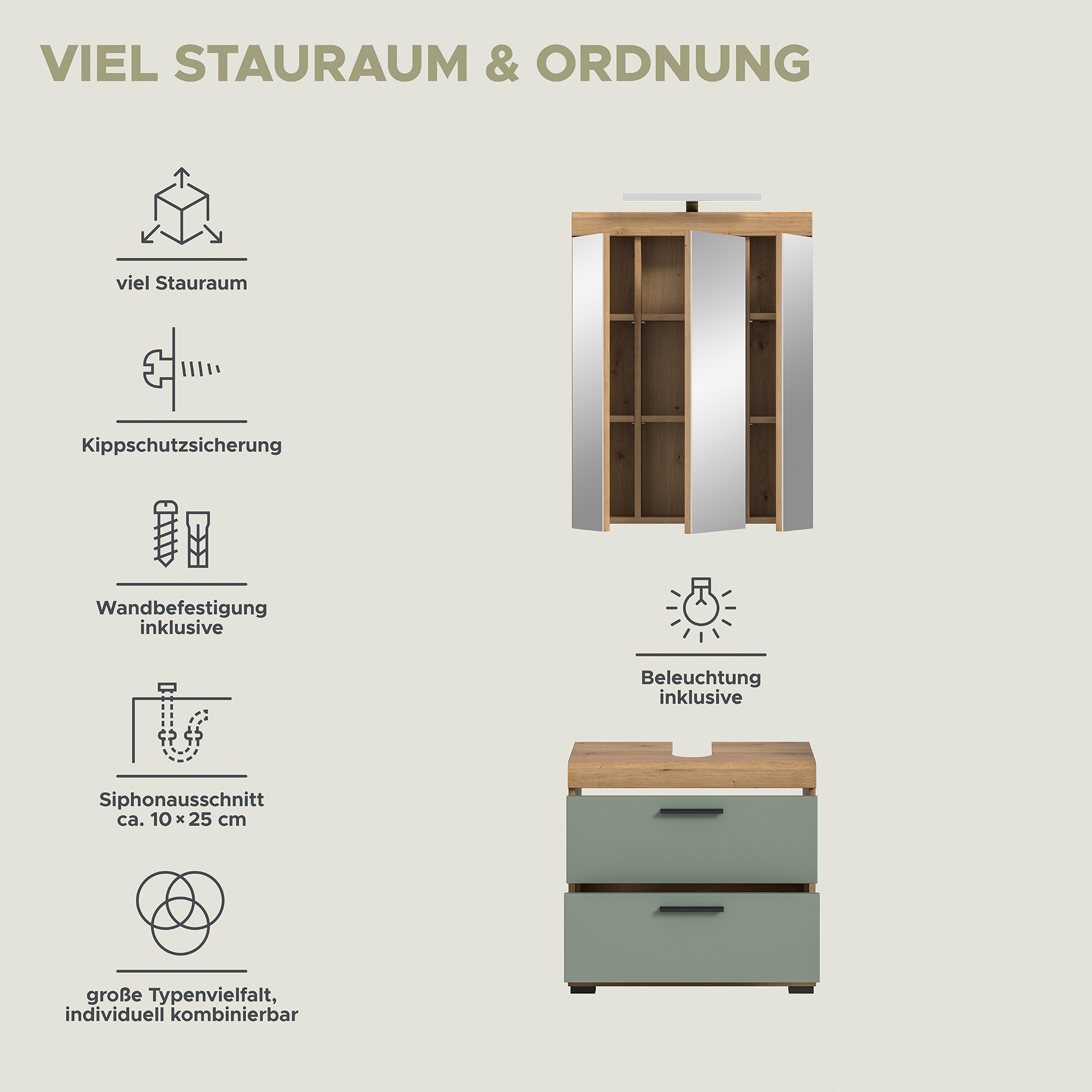 2-teilige Badkombination SCOUT - Salbei - Artisan Eiche - LED-Spiegelschrank - 60 cm