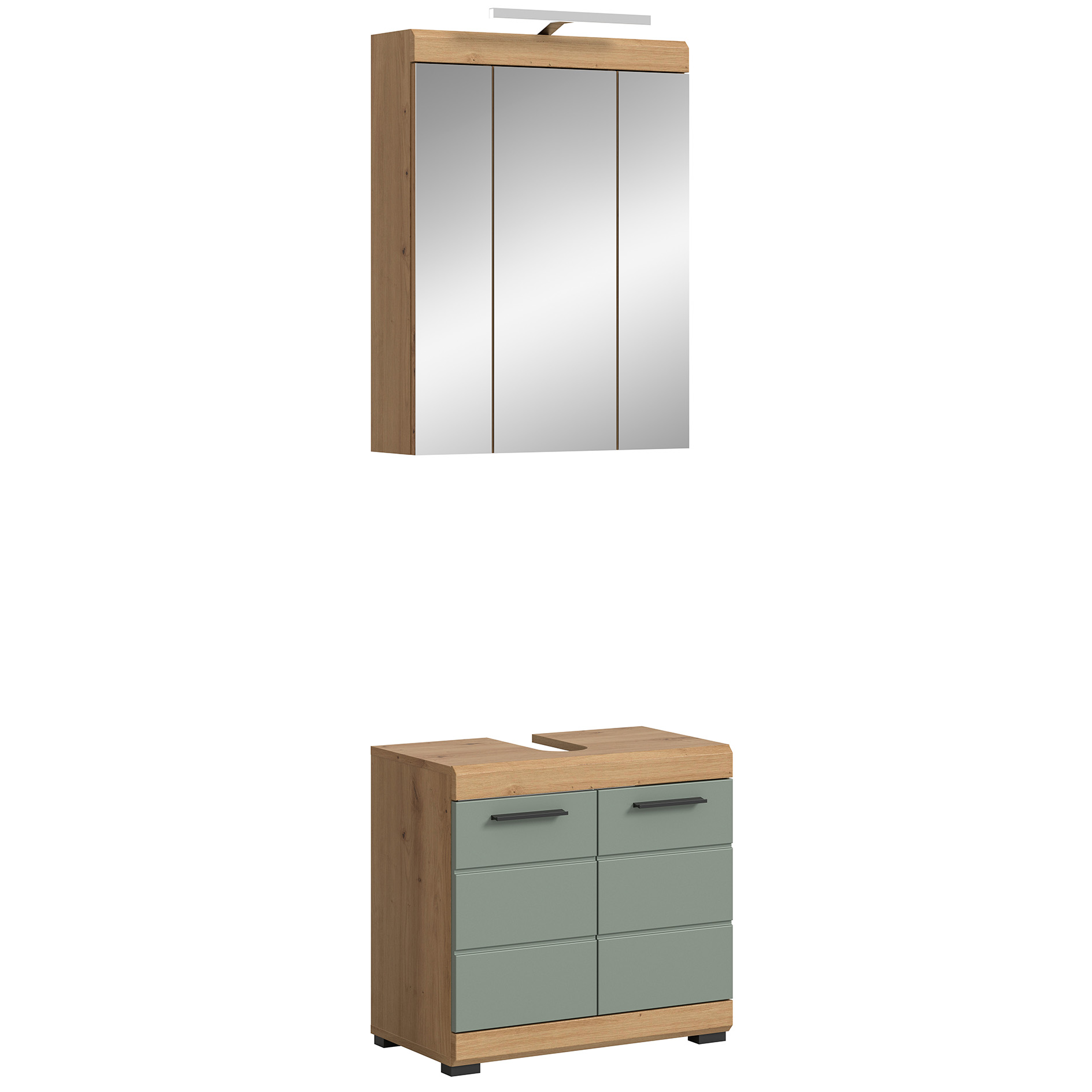 2-teilige Badkombination SCOUT - Salbei - Artisan Eiche - LED-Spiegelschrank - 60 cm