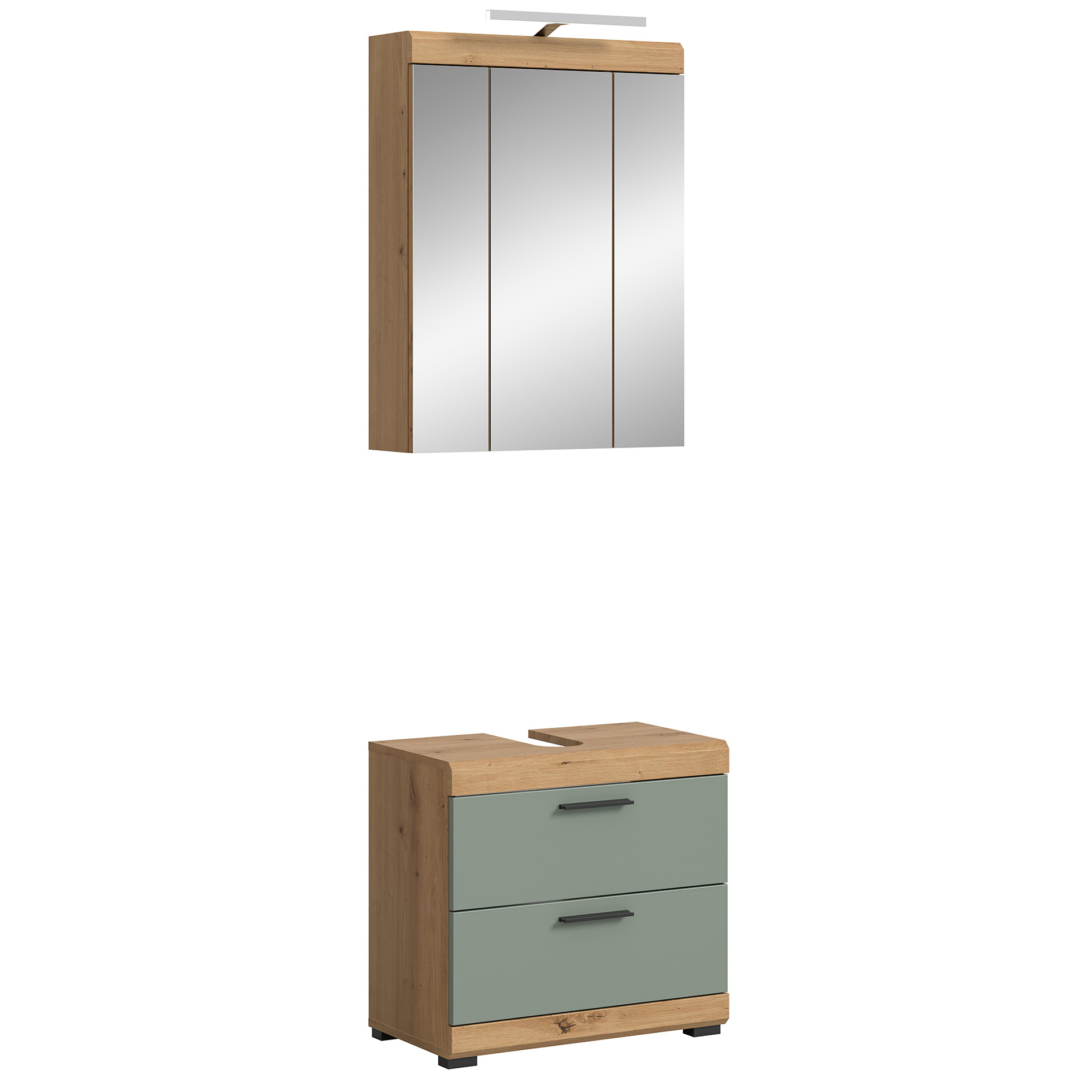 2-teilige Badkombination SCOUT - Salbei - Artisan Eiche - LED-Spiegelschrank - 60 cm