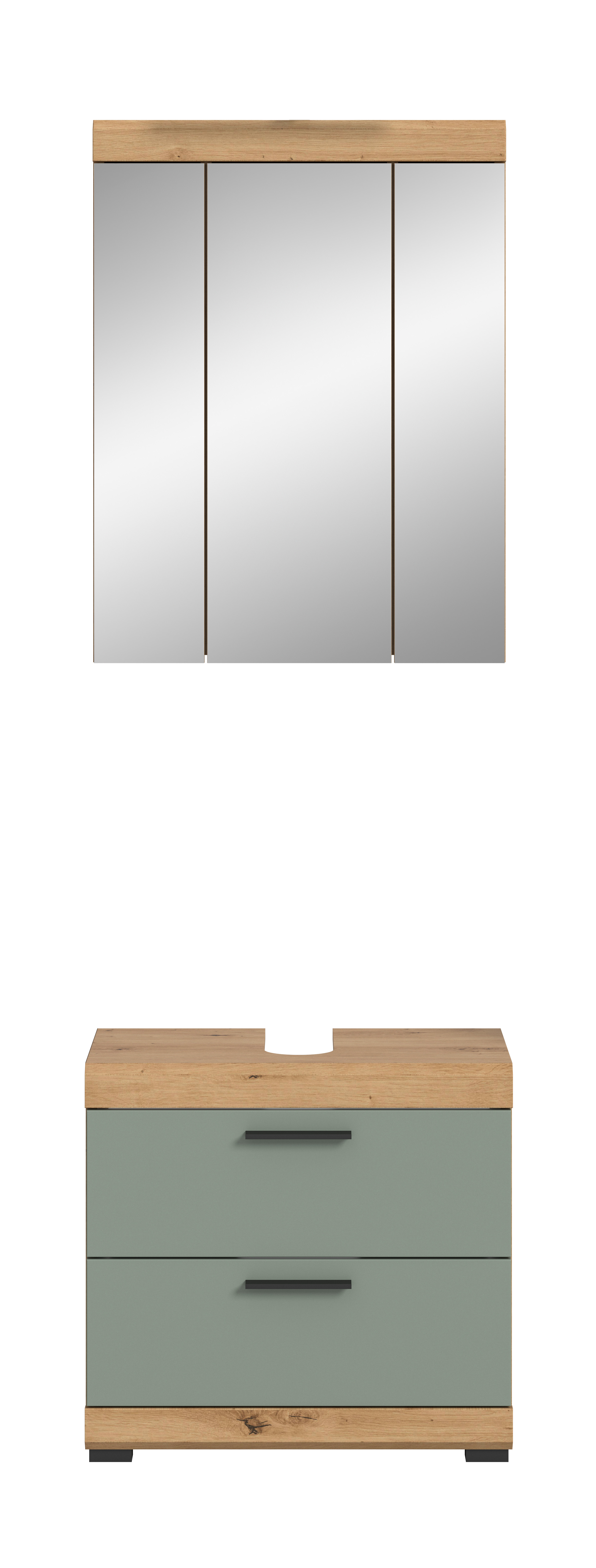2-teilige Badkombination SCOUT - Salbei - Artisan Eiche - Spiegelschrank - 60 cm