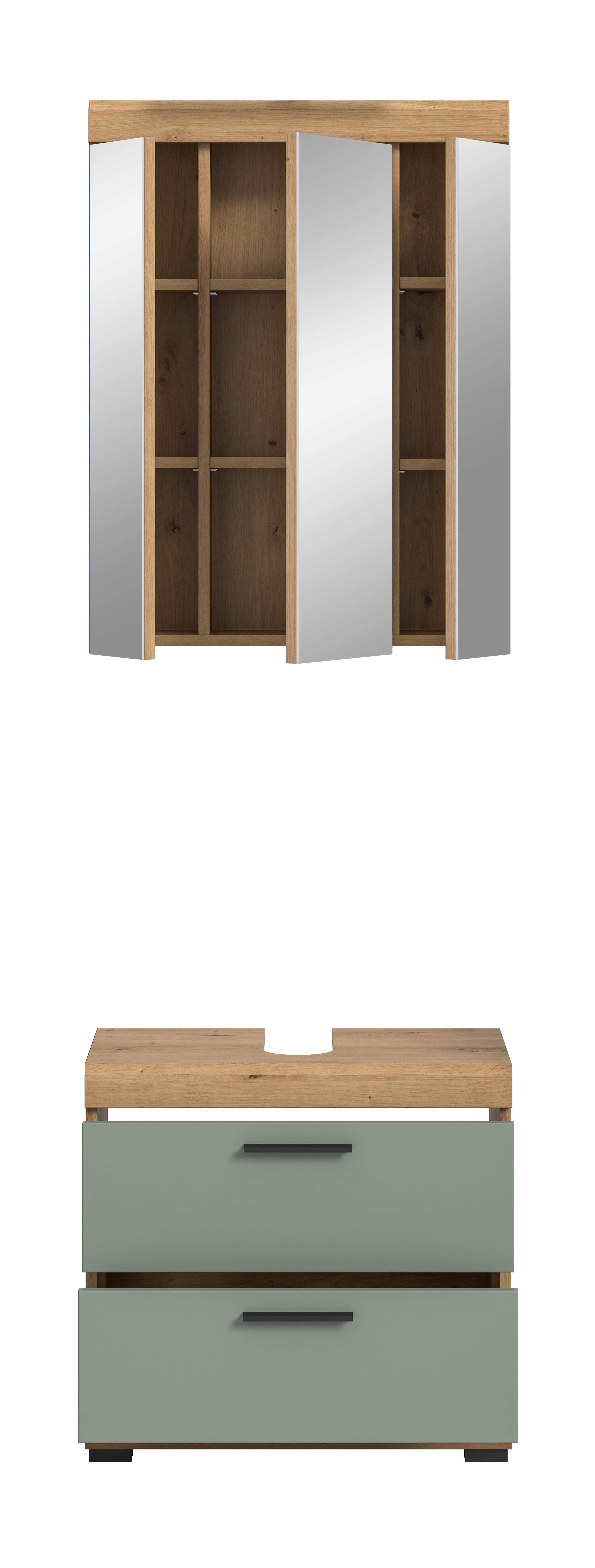 2-teilige Badkombination SCOUT - Salbei - Artisan Eiche - Spiegelschrank - 60 cm