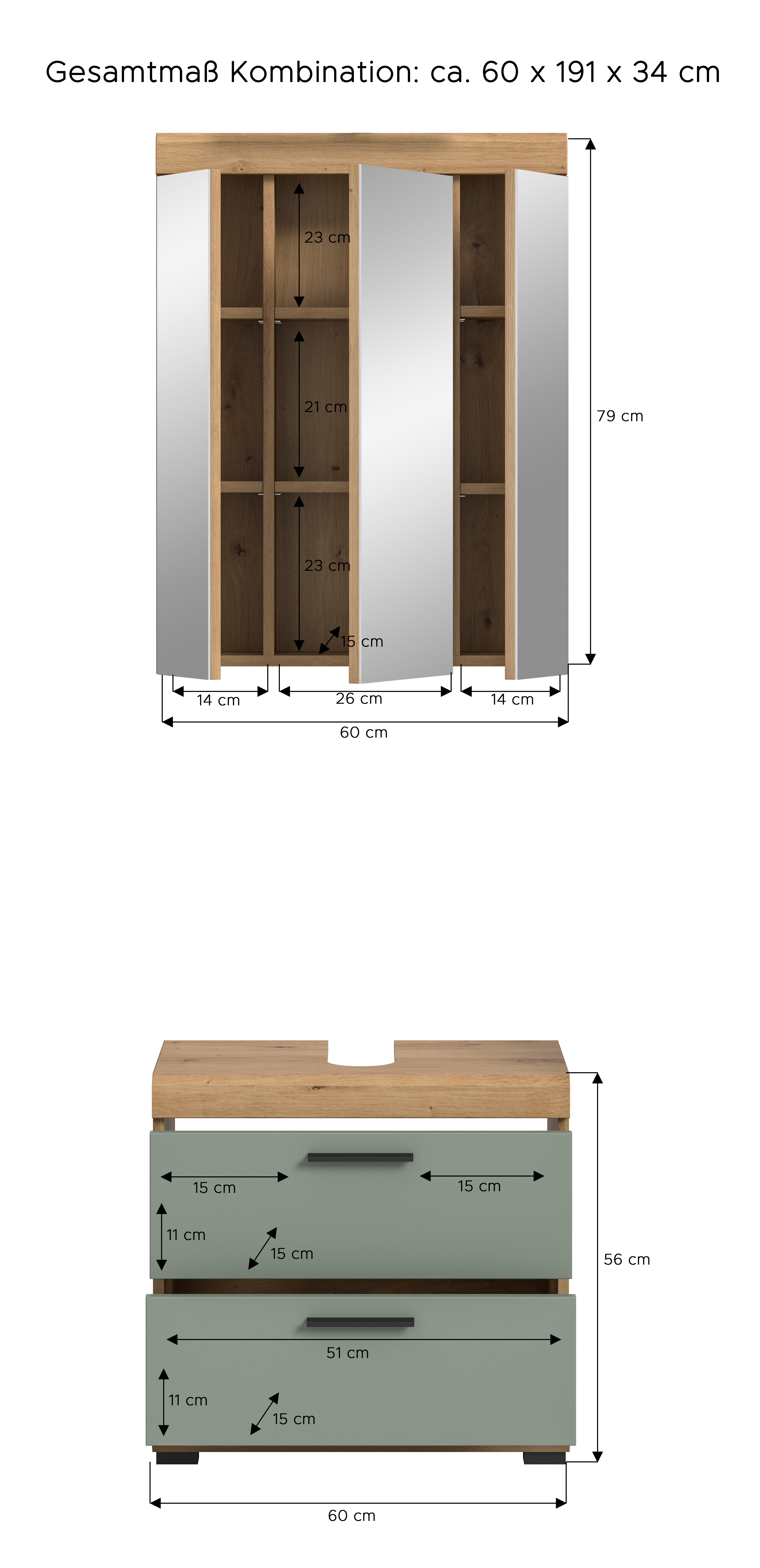 2-teilige Badkombination SCOUT - Salbei - Artisan Eiche - Spiegelschrank - 60 cm