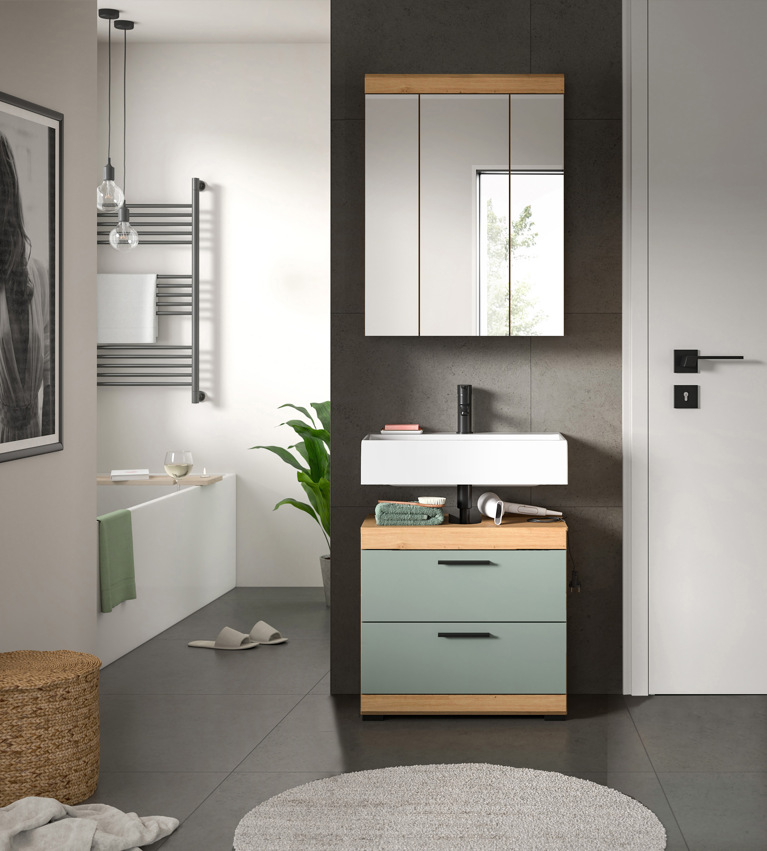 2-teilige Badkombination SCOUT - Salbei - Artisan Eiche - Spiegelschrank - 60 cm