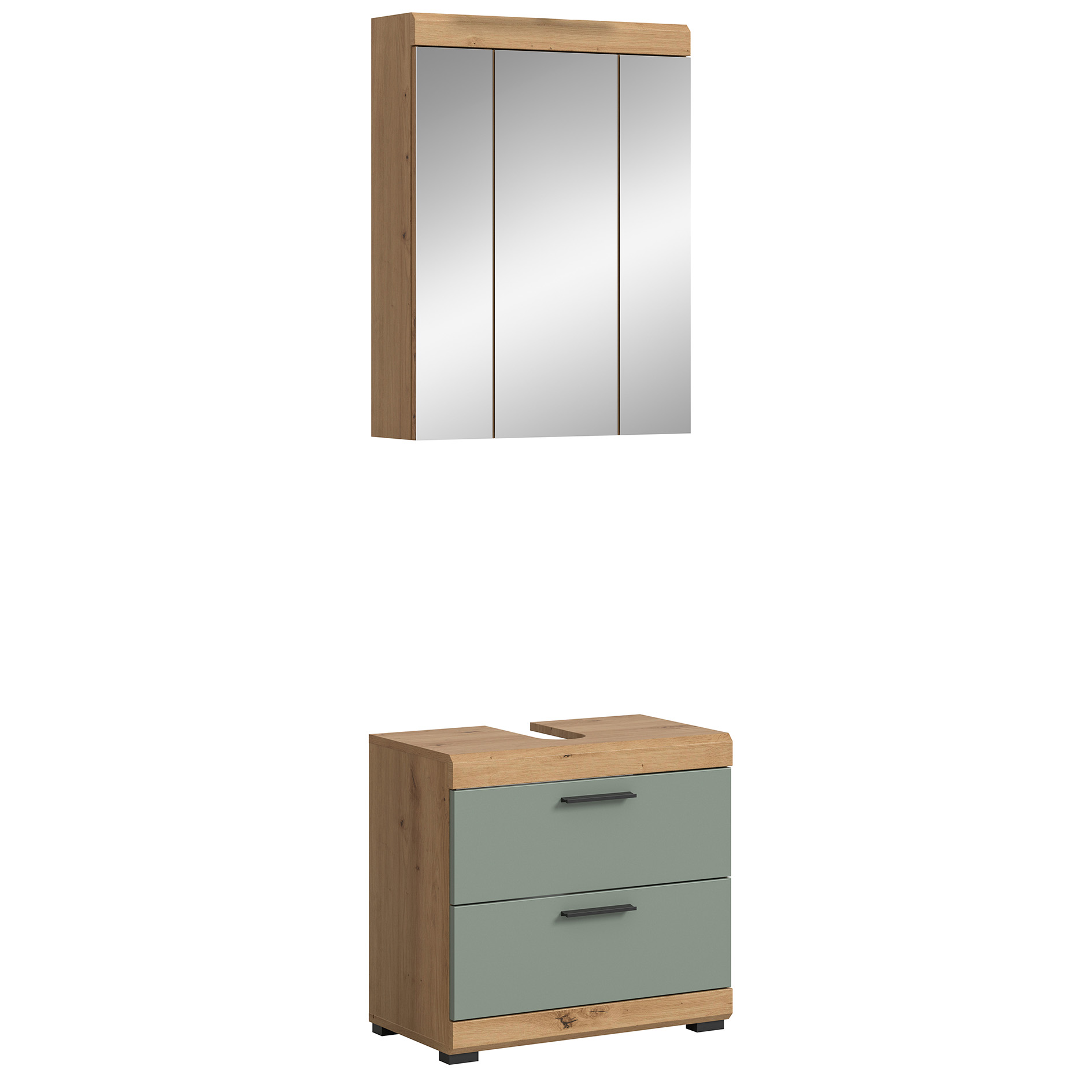 2-teilige Badkombination SCOUT - Salbei - Artisan Eiche - Spiegelschrank - 60 cm
