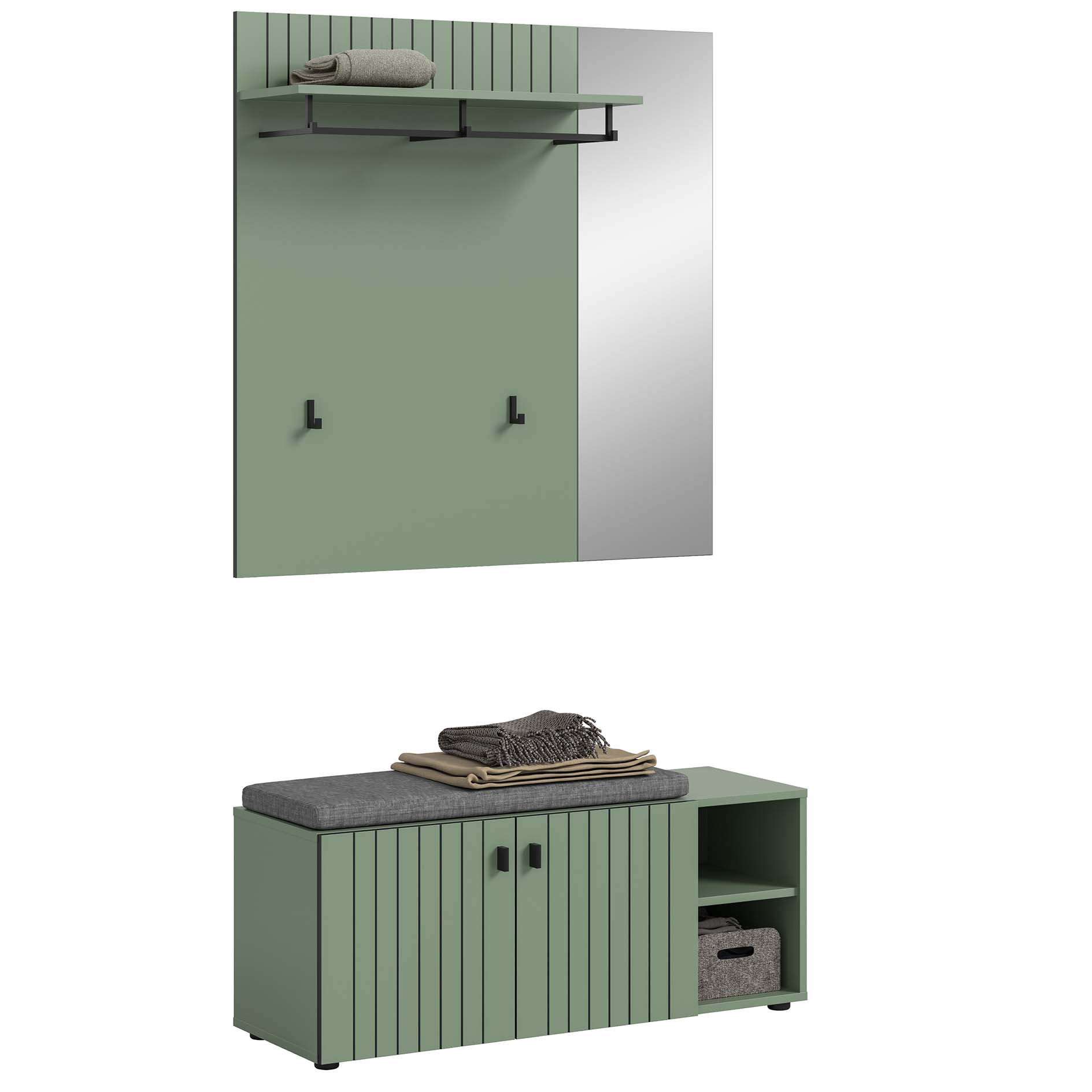 2-teilige Garderobenkombination STATION - Smoke Green - mit Sitzkissen - 106 cm breit