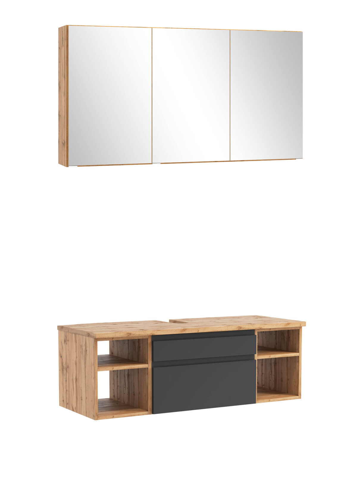 2-teiliges Badmöbel-Set AROSA - Wotaneiche - grau matt - mit Spiegelschrank - 120 cm