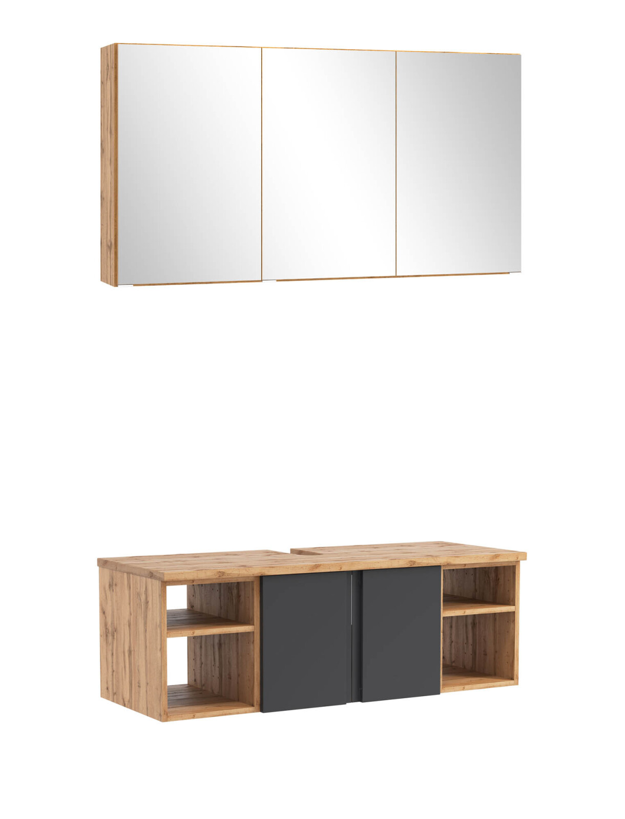 2-teiliges Badmöbel-Set AROSA - Wotaneiche - grau matt - mit Spiegelschrank - 120 cm
