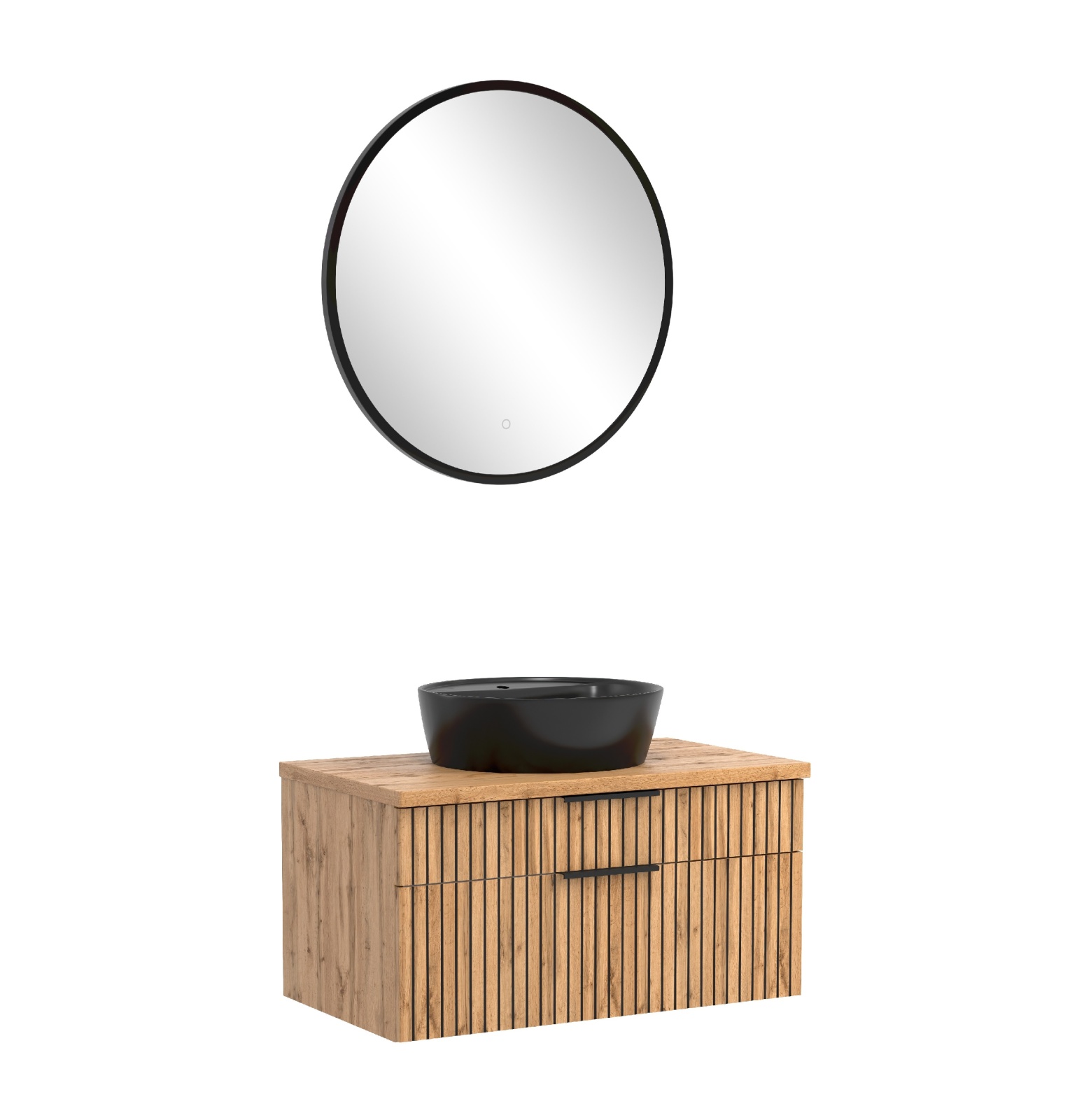 2-teiliges Badmöbel-Set CHESTER - Wotaneiche-schwarz - Unterschrank mit Auszügen - Spiegelpaneel - 80 cm