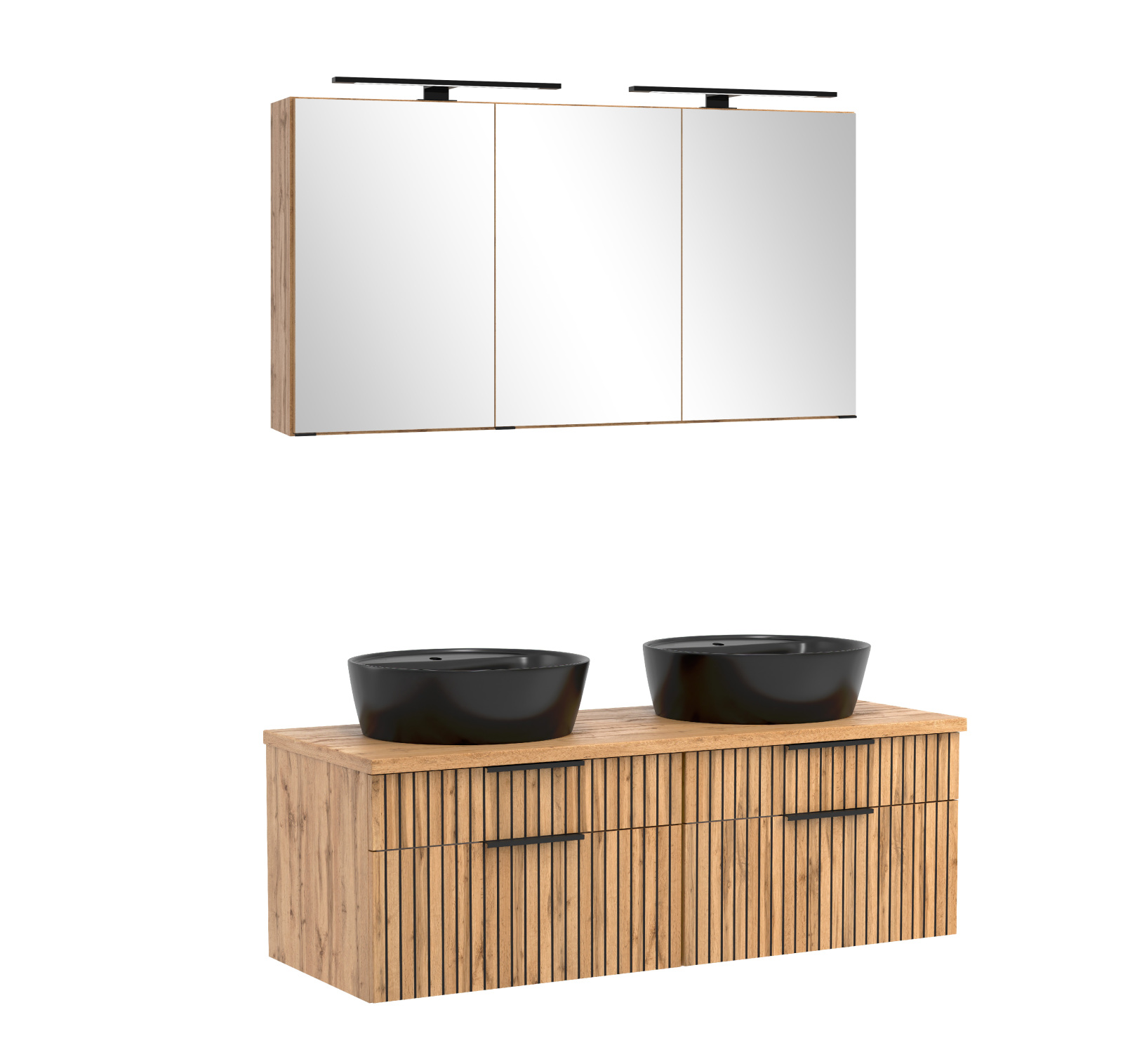 2-teiliges Badmöbel-Set CHESTER - Wotaneiche-schwarz - Unterschrank mit Auszügen - Spiegelschrank - 120 cm