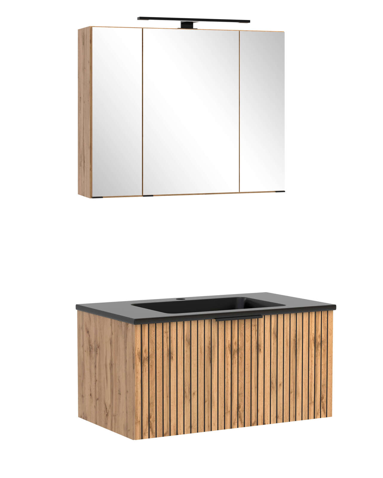 2-teiliges Badmöbel-Set CHESTER - Wotaneiche-schwarz - Unterschrank mit Auszug - Spiegelschrank - 80 cm