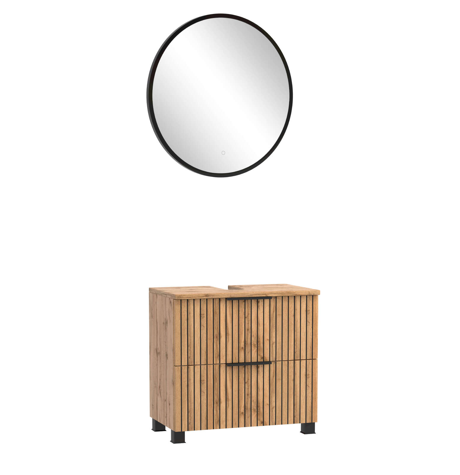 2-teiliges Badmöbel-Set CHESTER - Wotaneiche - Unterschrank mit Auszügen - Spiegelpaneel - 60 cm