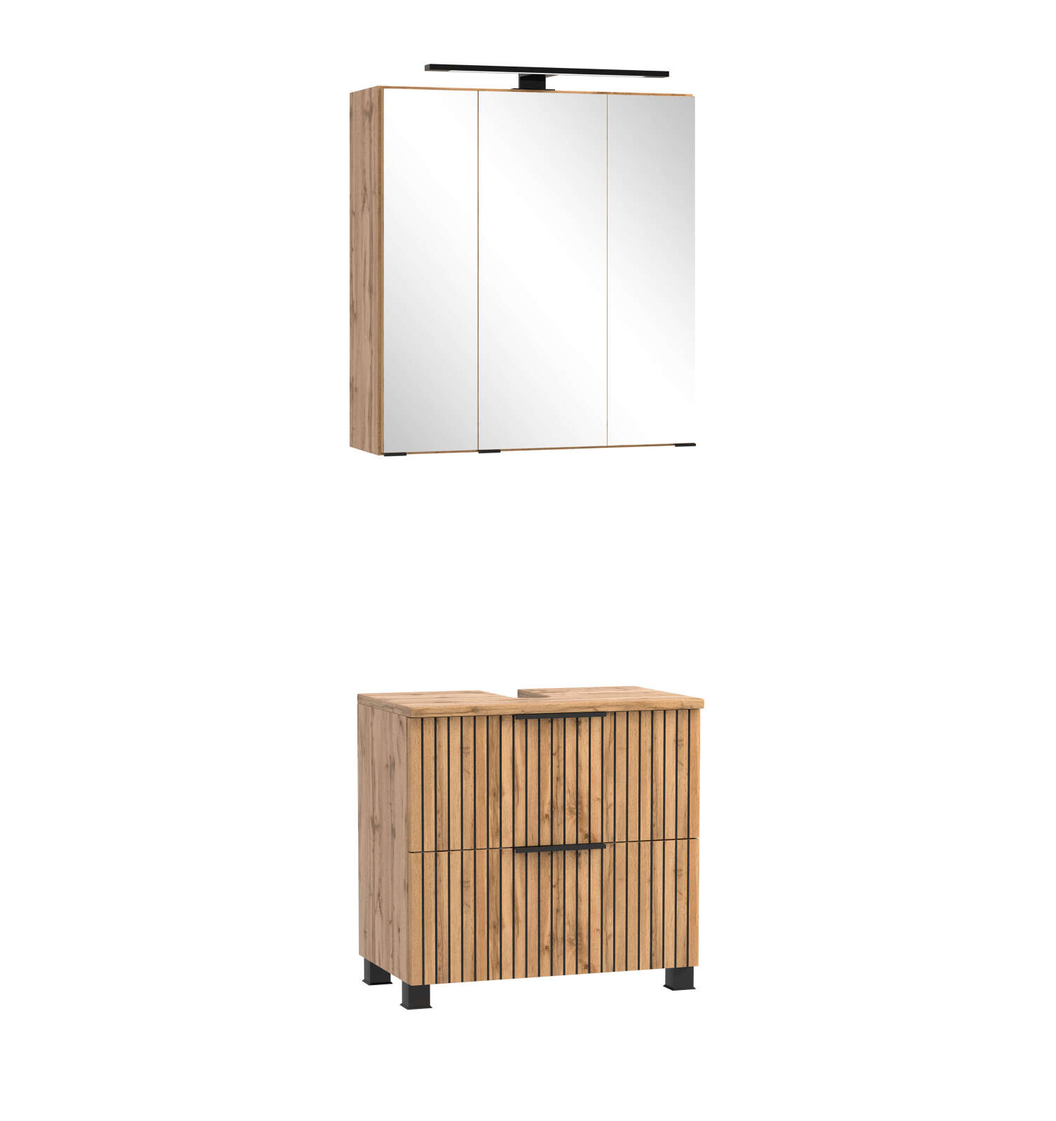 2-teiliges Badmöbel-Set CHESTER - Wotaneiche - Unterschrank mit Auszügen - Spiegelschrank - 60 cm