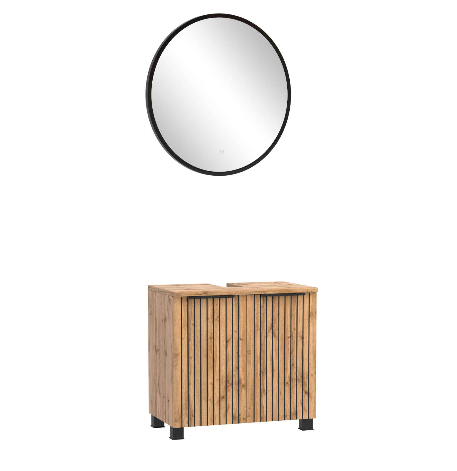 2-teiliges Badmöbel-Set CHESTER - Wotaneiche - Unterschrank mit Türen - Spiegelpaneel - 60 cm