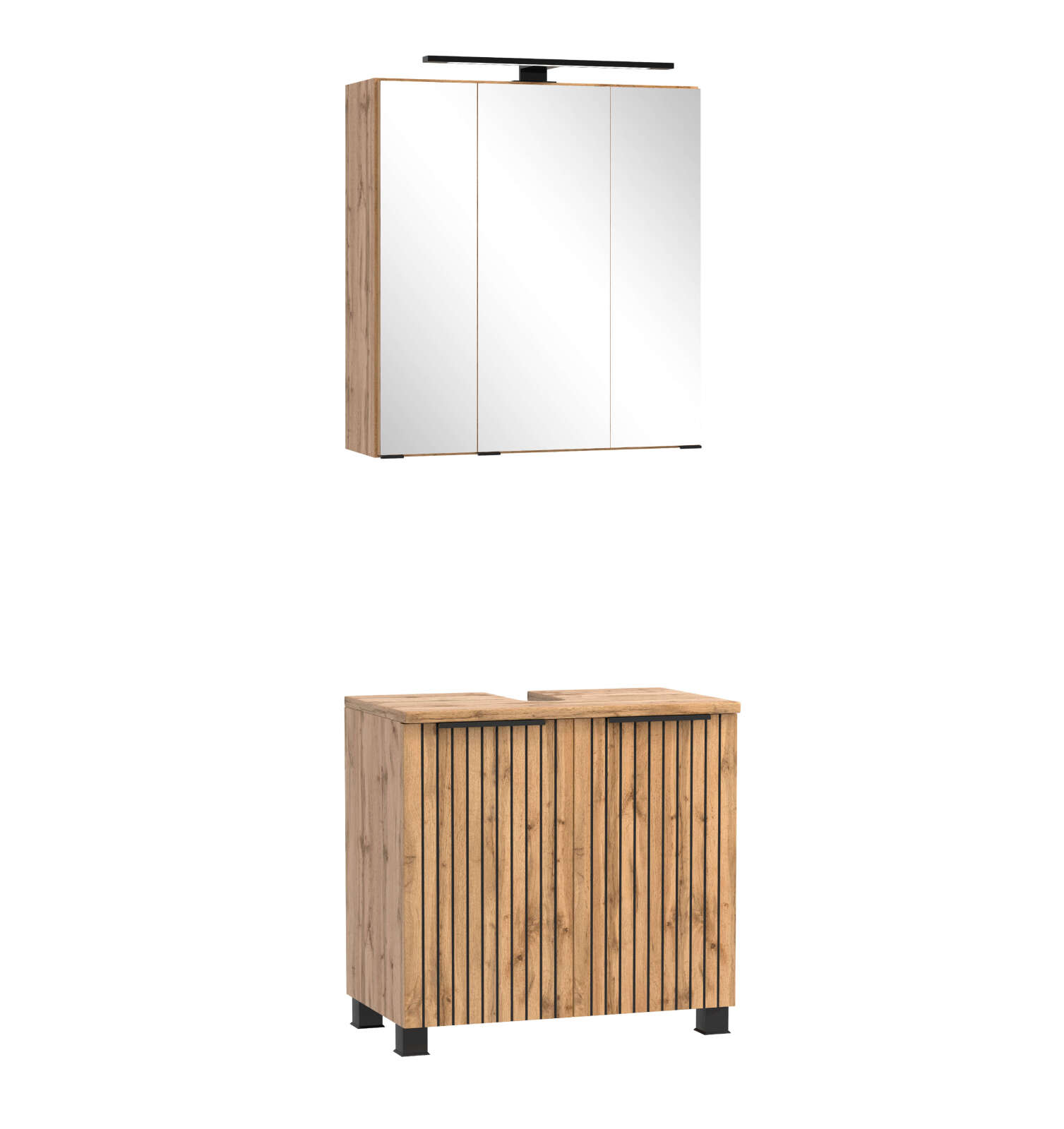 2-teiliges Badmöbel-Set CHESTER - Wotaneiche - Unterschrank mit Türen - Spiegelschrank - 60 cm