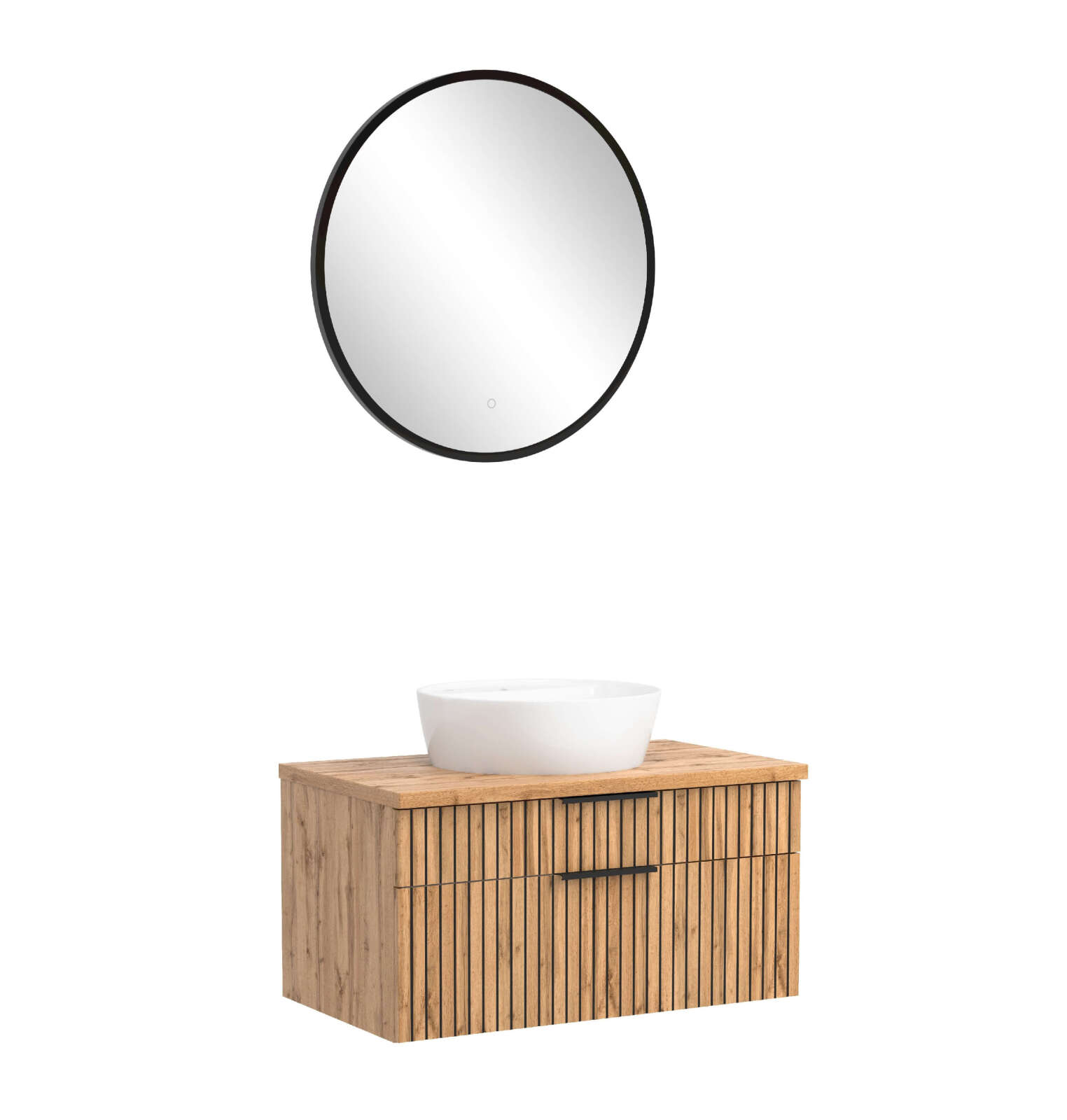 2-teiliges Badmöbel-Set CHESTER - Wotaneiche-weiß - Unterschrank mit Auszügen - Spiegelpaneel - 80 cm
