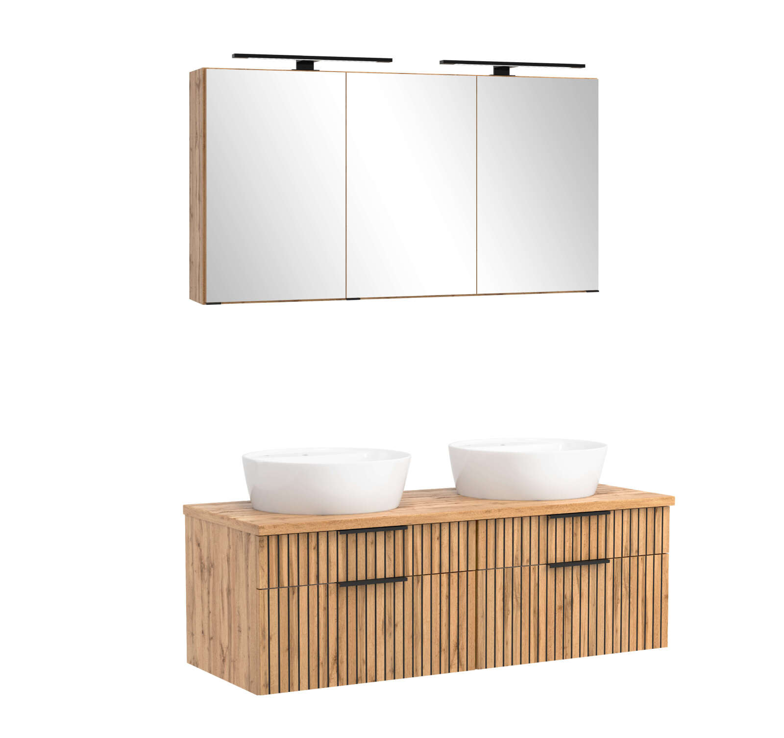 2-teiliges Badmöbel-Set CHESTER - Wotaneiche-weiß - Unterschrank mit Auszügen - Spiegelschrank - 120 cm