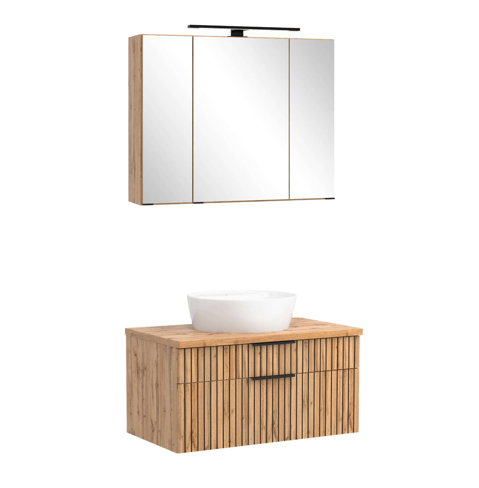 2-teiliges Badmöbel-Set CHESTER - Wotaneiche-weiß - Unterschrank mit Auszügen - Spiegelschrank - 80 cm
