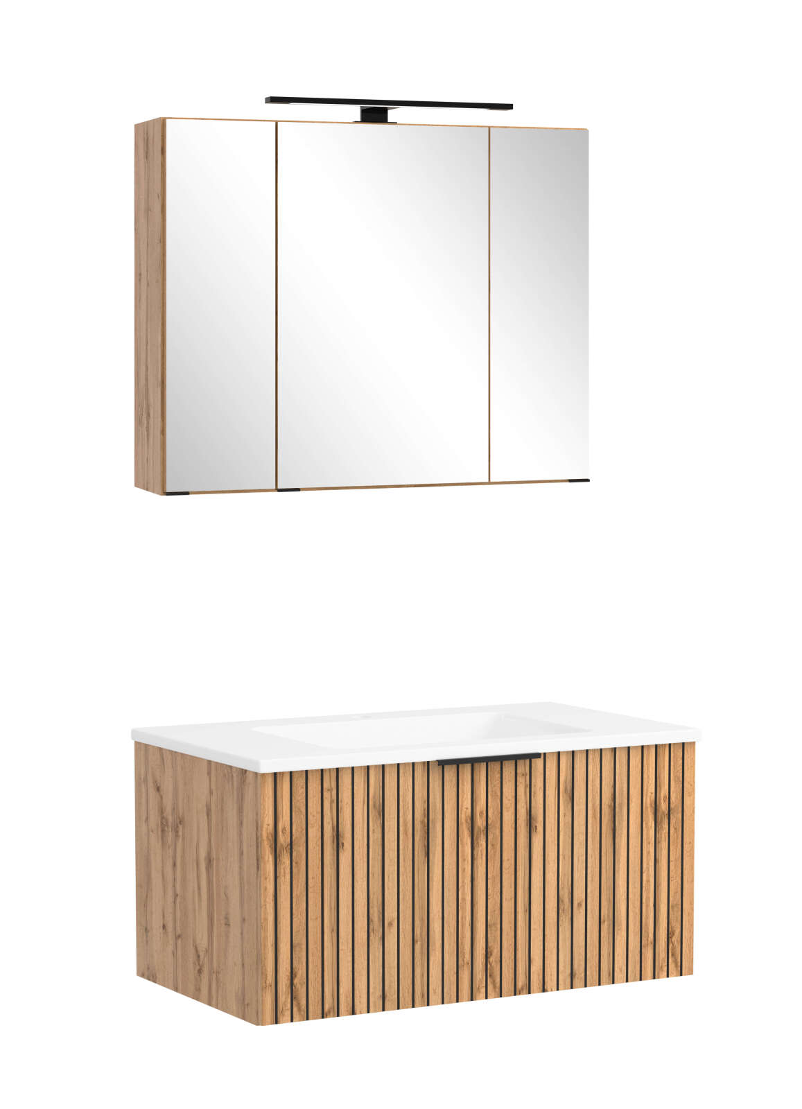2-teiliges Badmöbel-Set CHESTER - Wotaneiche-weiß - Unterschrank mit Auszug - Spiegelschrank - 80 cm