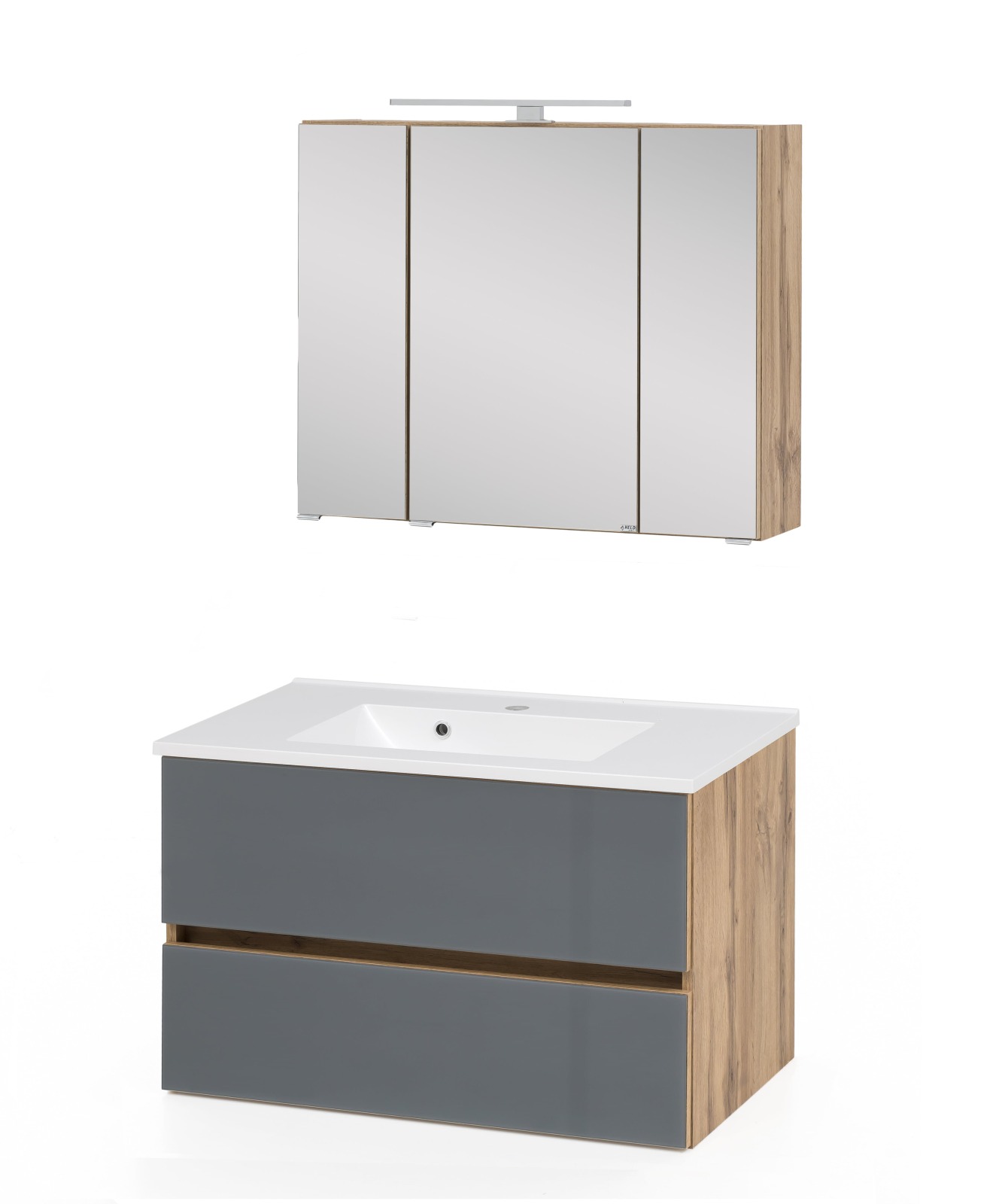 2-teiliges Badmöbel-Set HELSINKI - grau Hochglanz-Wotaneiche - 80 cm breit