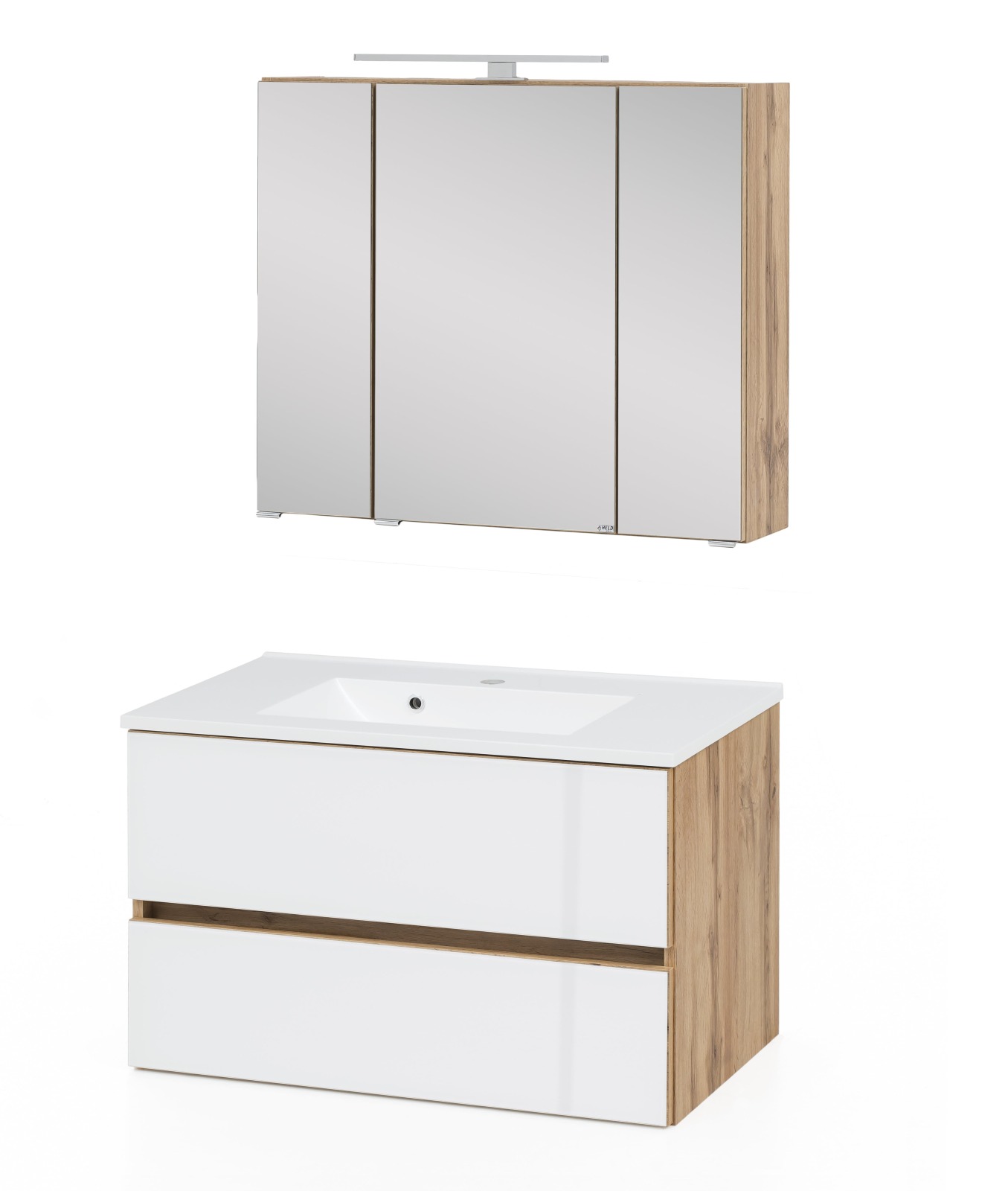 2-teiliges Badmöbel-Set HELSINKI - weiß Hochglanz-Wotaneiche - 80 cm breit
