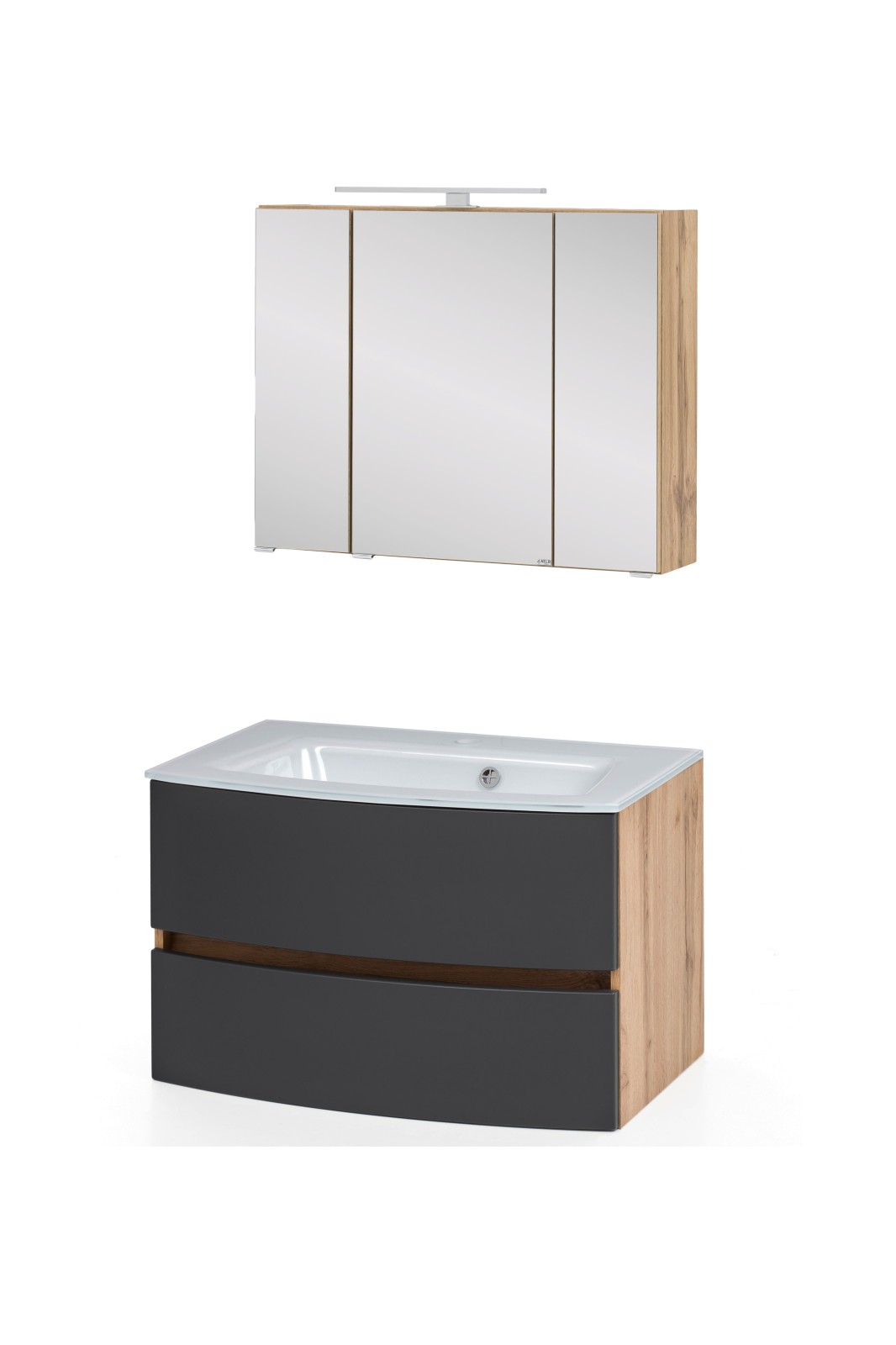 2-teiliges Badmöbel-Set KOPENHAGEN - grau-Wotaneiche - Glasbecken weiß