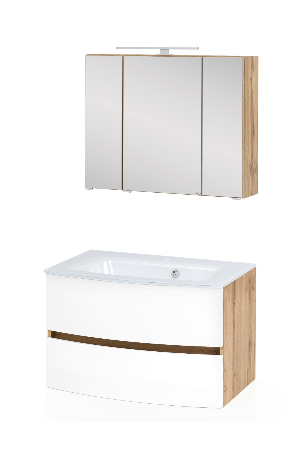 2-teiliges Badmöbel-Set KOPENHAGEN - weiß-Wotaneiche - Glasbecken weiß