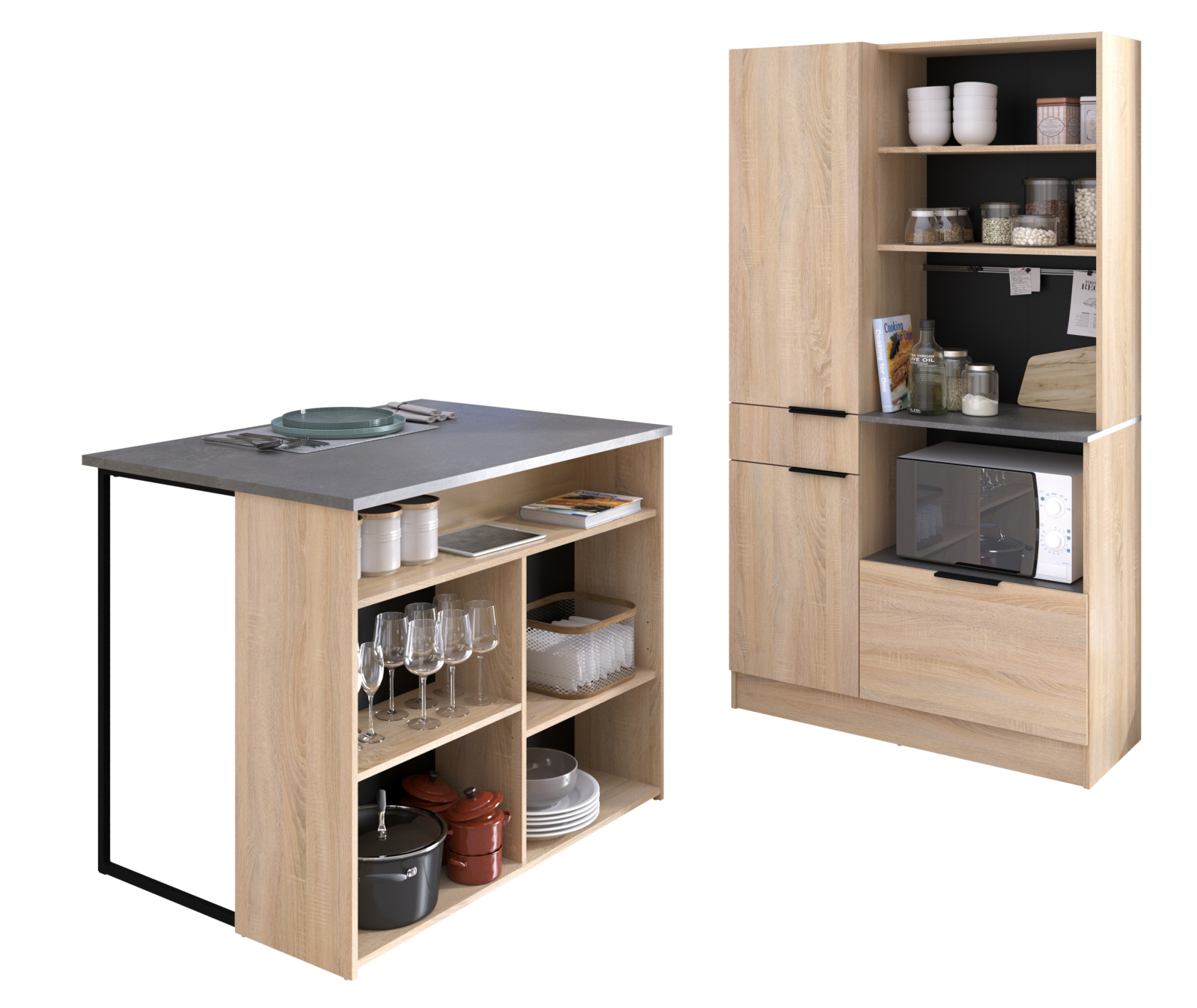 2-teiliges Buffet-Set FUMAY 2 - Eiche - Beton-Optik - Buffet mit Theke
