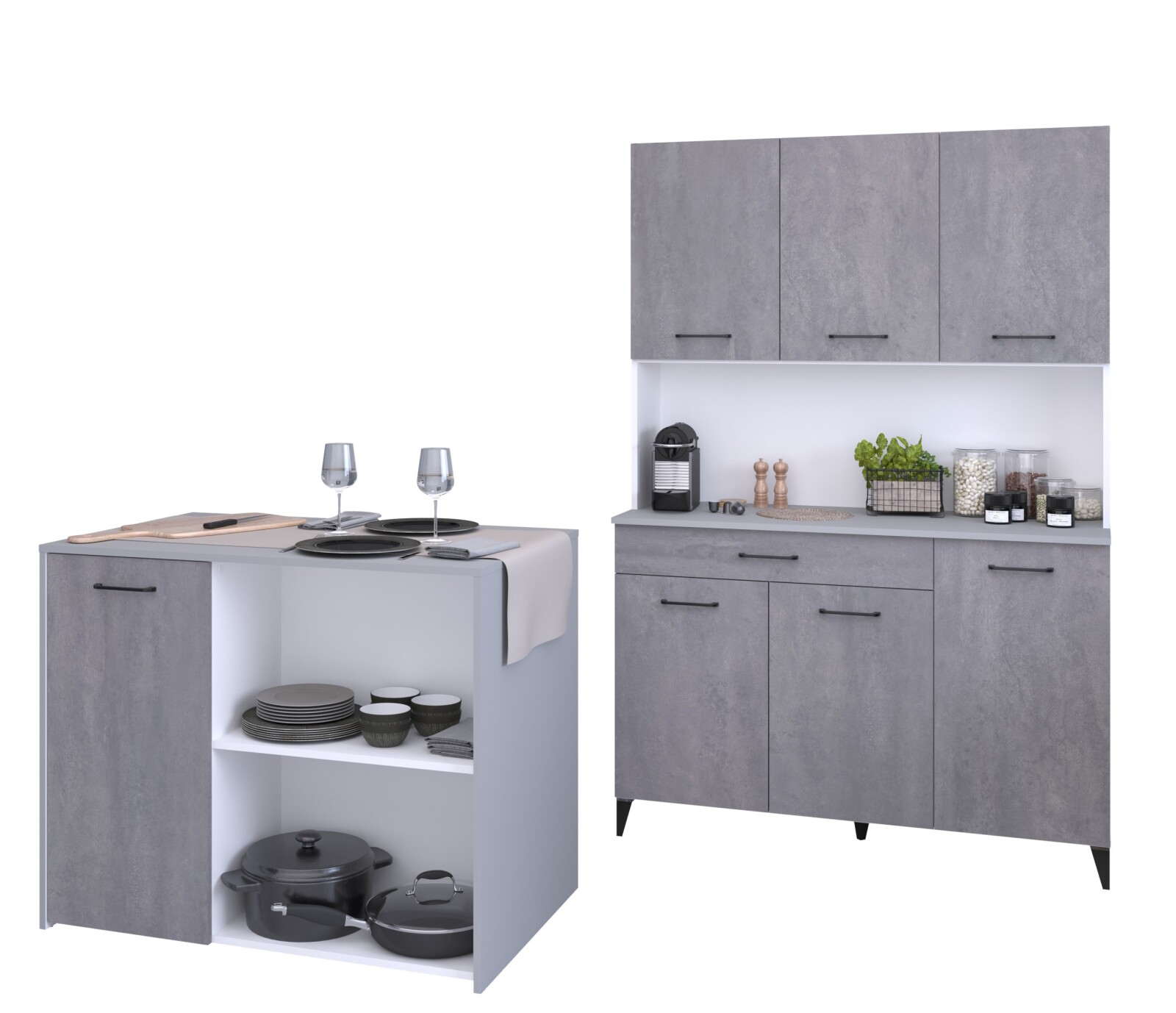 2-teiliges Buffet-Set MALICE 4 - Betonoptik-weiß - 180 cm hoch