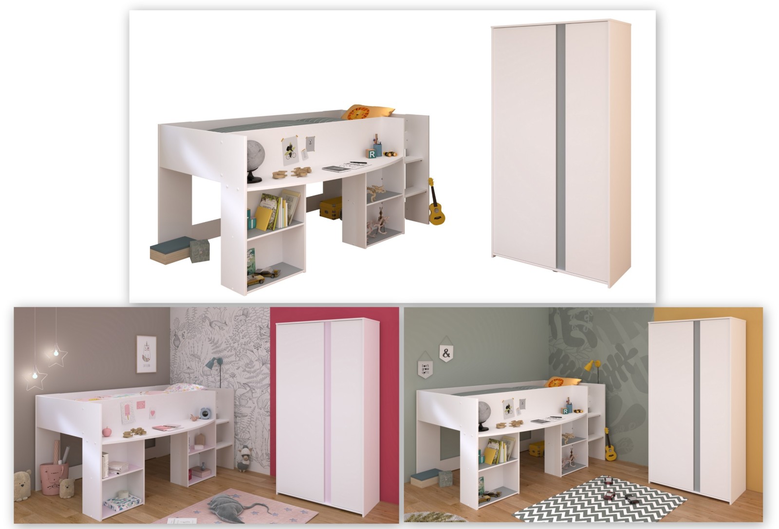 2-teiliges Kinderzimmer PIROUETTE 14 - weiß - rosa oder grau - 90x200 cm