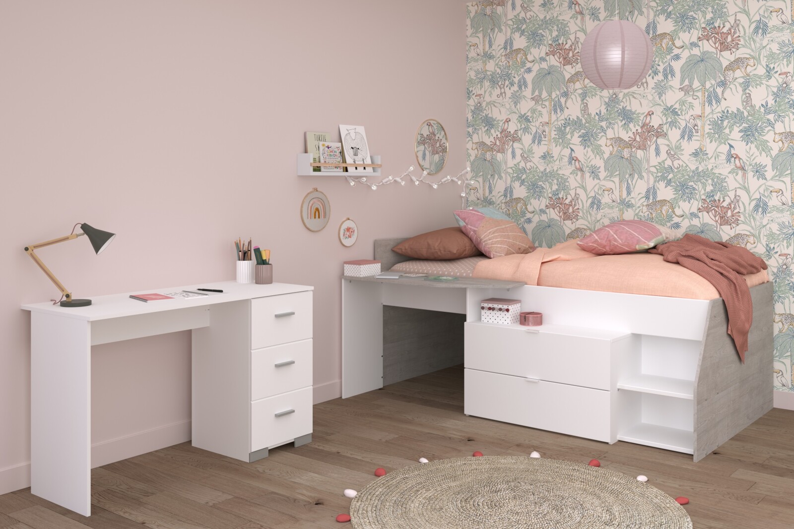 2-teiliges Parisot Kinderzimmer MILKY 17 - weiß - grey loft - mit Schreibtisch