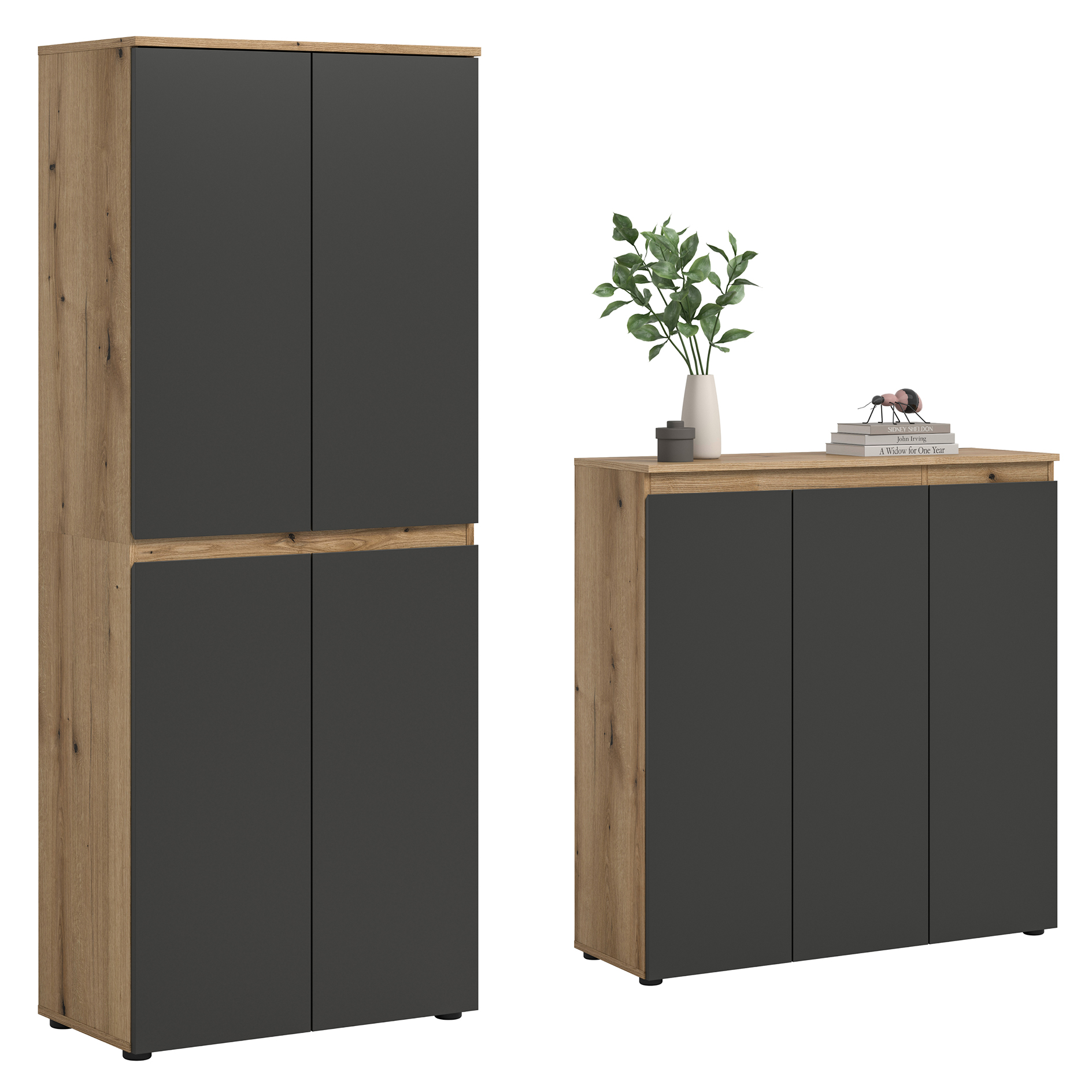 2-teiliges Universalschrank-Set SCARPA - anthrazit - Evoke Oak - 185 cm breit