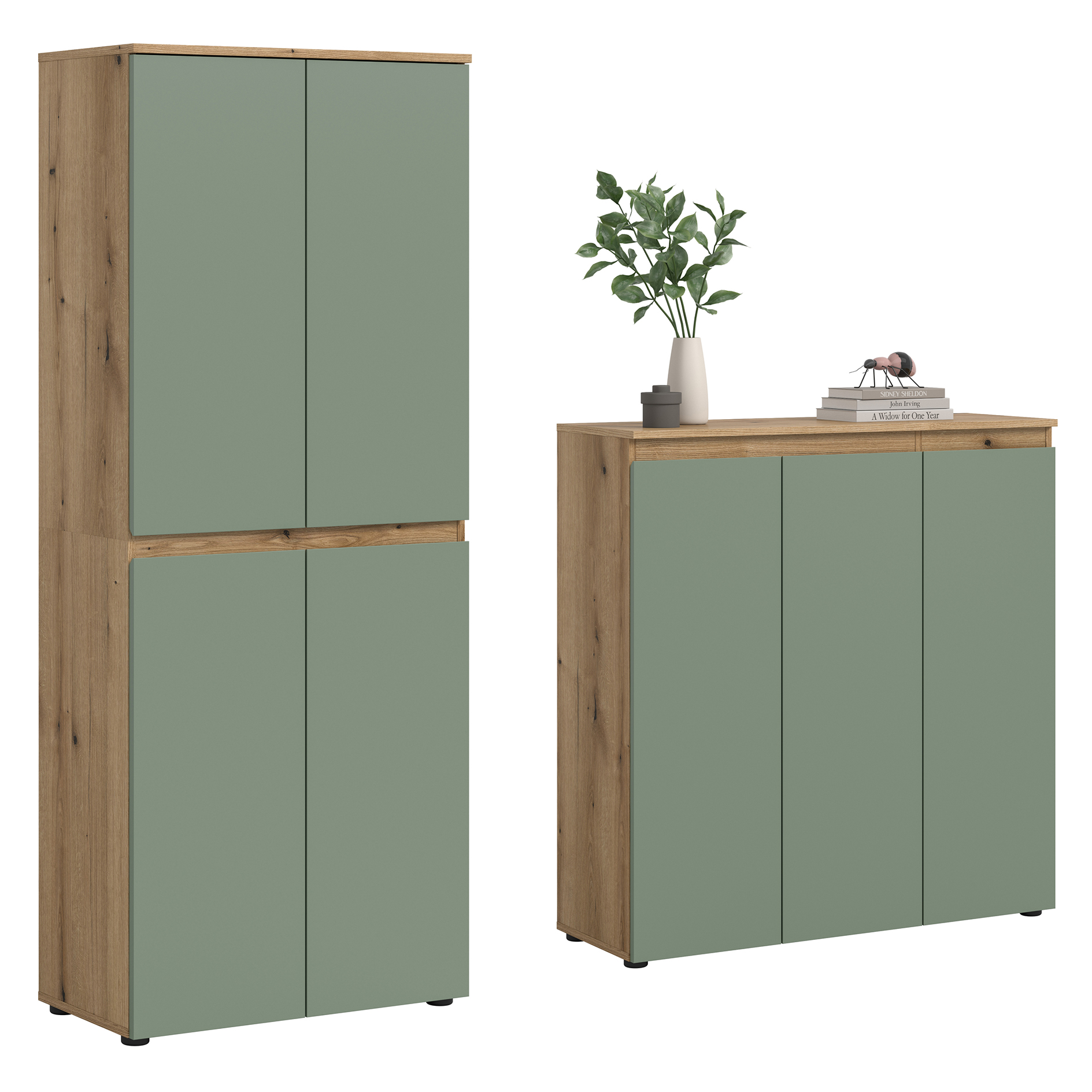 2-teiliges Universalschrank-Set SCARPA - Smoke Green - Evoke Oak - 185 cm breit