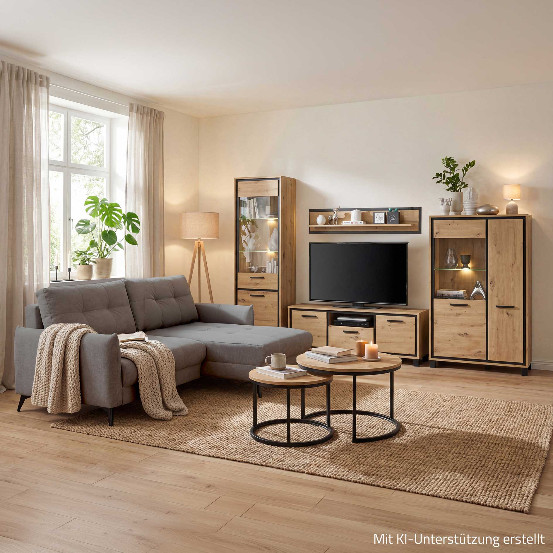2er-Set Couchtisch - Artisan Eiche - Gestell schwarz