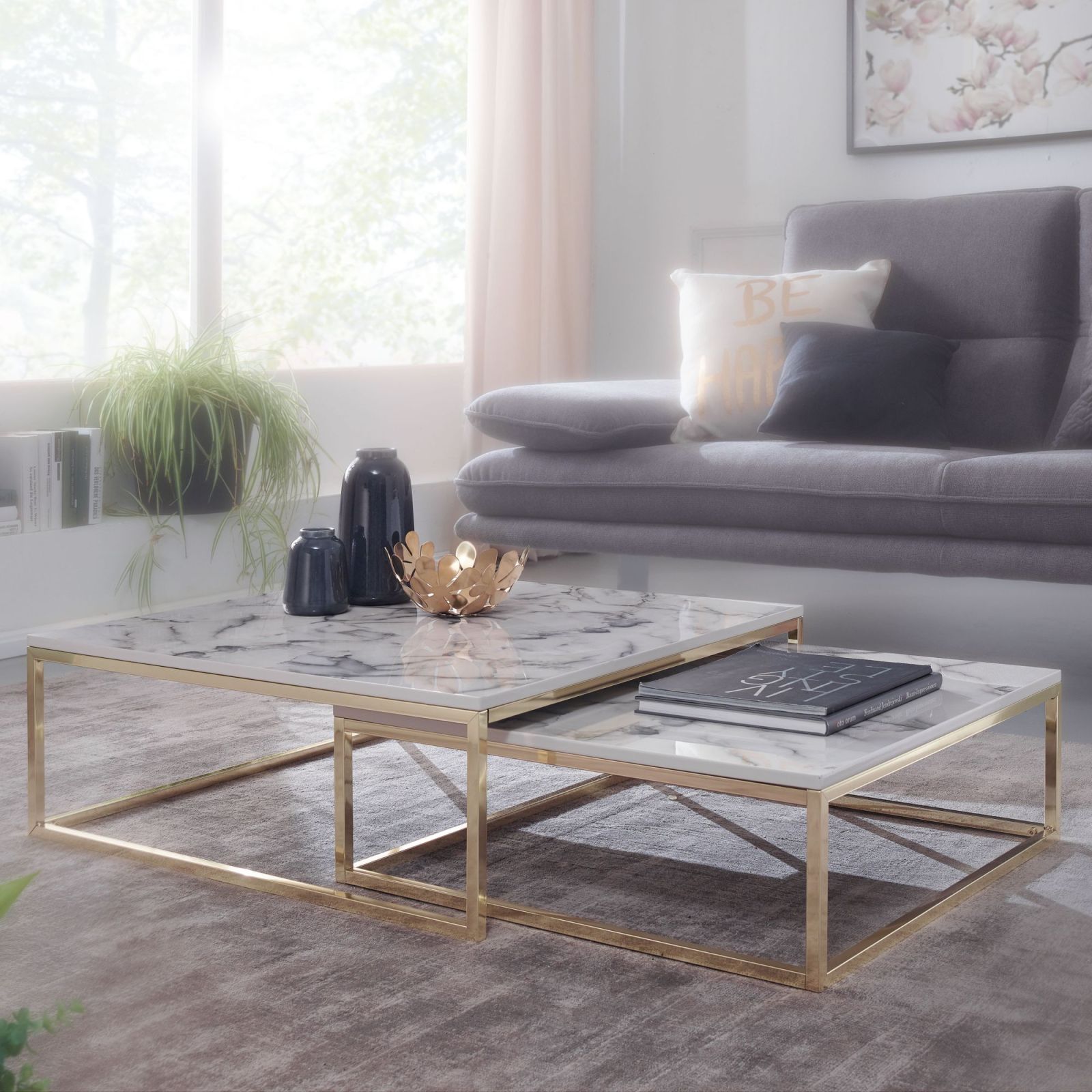 2er-Set Couchtisch - weiß-gold - Marmoroptik