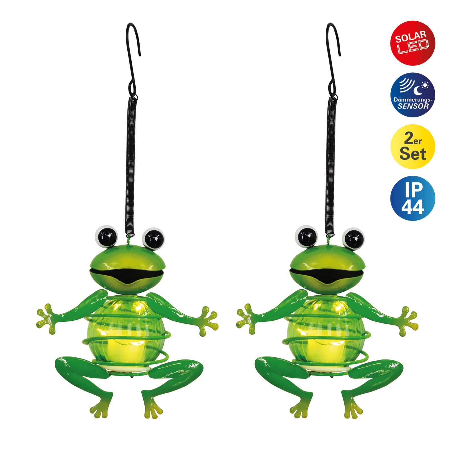 2er-Set LED-Deko-Hänge-Solarleuchte FROSCH - grün