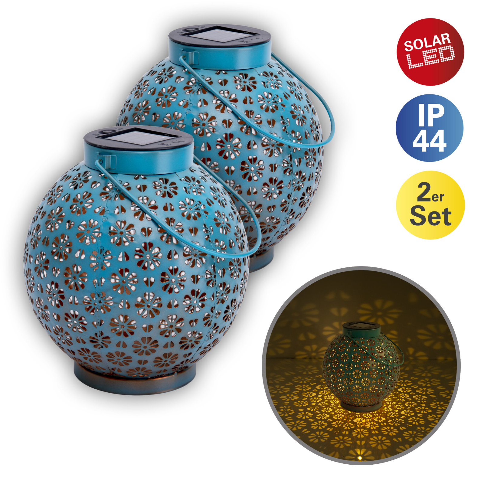 2er-Set LED-Deko-Solarleuchte - blau - Metall