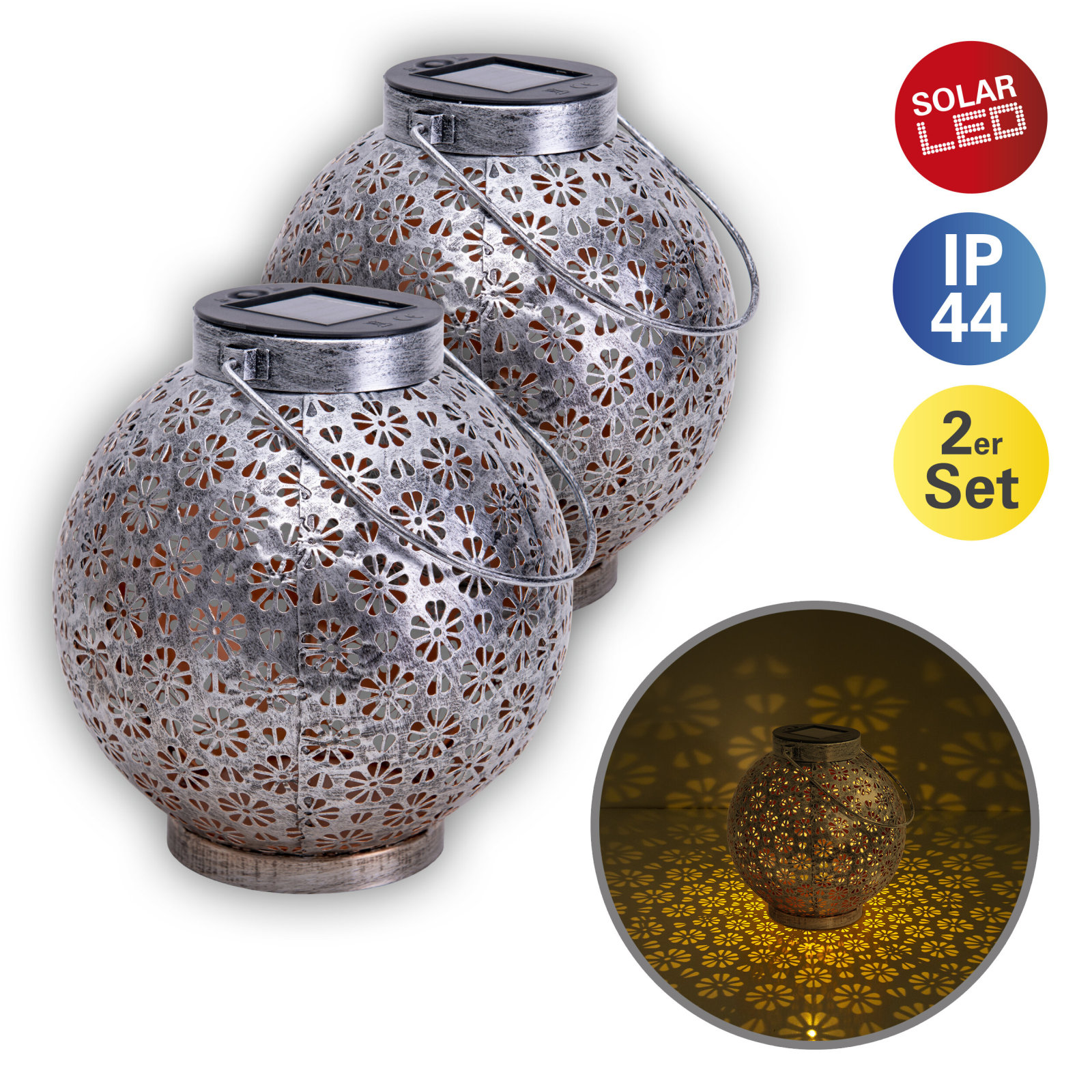 2er-Set LED-Deko-Solarleuchte - silber - Metall